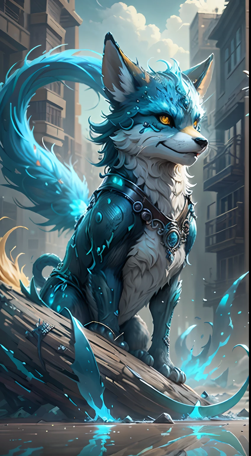 Fantastic Beasts concept art, colorful crystal glass nine-tailed fox mythical beast design with sparkling tail, ancient Chinese mythology, lady luck cloud background beast, glowing yellow eyes, epic HD CG rendering, majestic, lifelike, aqua blue like the sea, reflection, cinematic post-processing, lots of fine detail, depth of field, surrealism and cyberpunk style, octane rendering, fantasy engineering 32K,