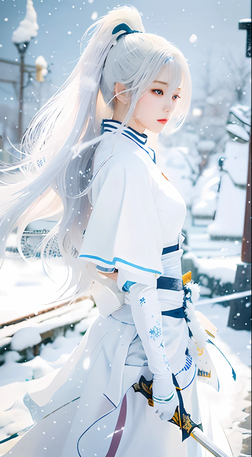 anime girl with long white hair holding a sword in a snowy area, guweiz on pixiv artstation, artwork in the style of guweiz, guweiz on artstation pixiv, by Yang J, guweiz, beautiful character painting, by Leng Mei, by Zeng Jing, beautiful anime artwork, by Li Song