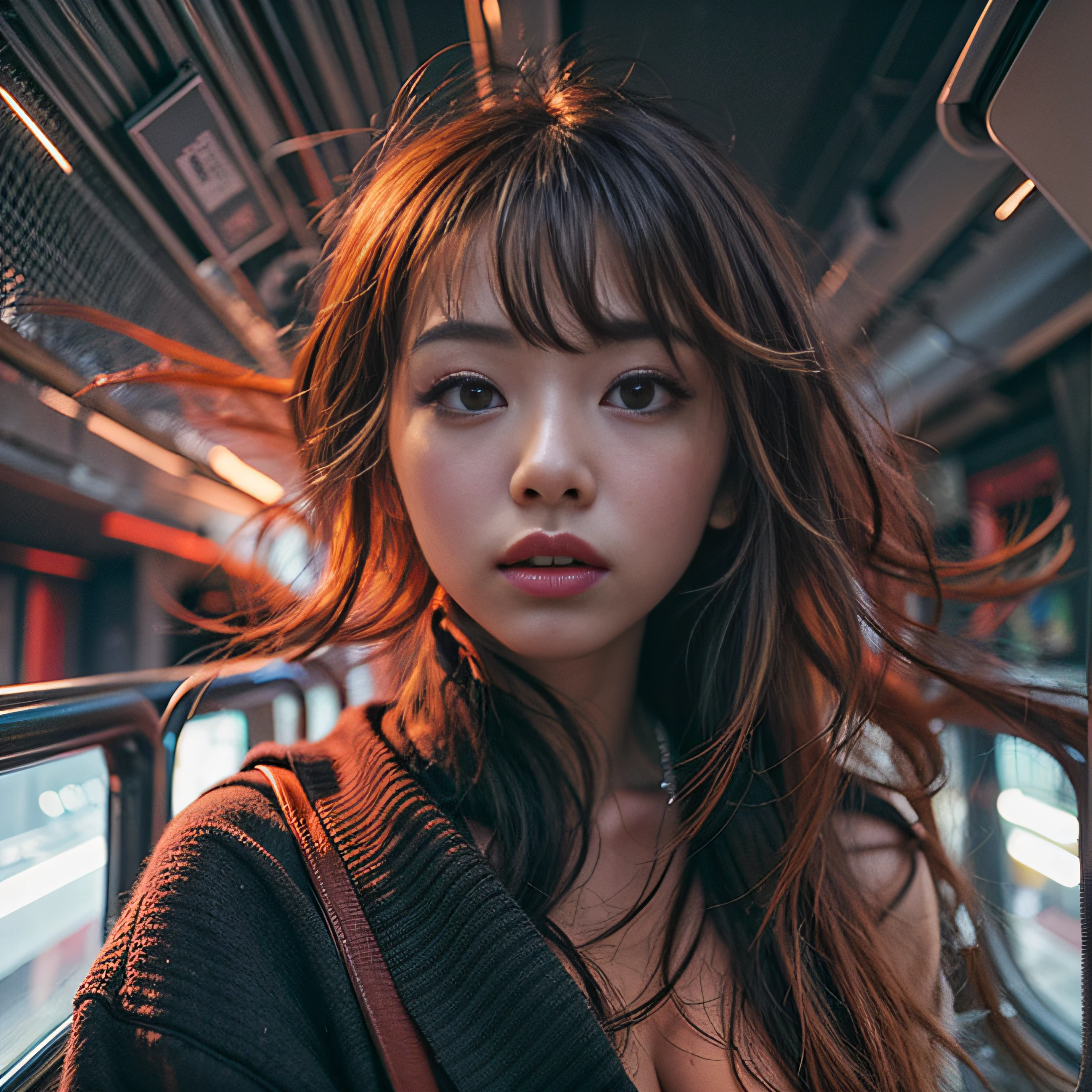 8K, RAW Photos, top-quality, masterpiece: 1.2),fish-eye lens、(((Wide View)))、on train、fish-eye lens、look at a camera、Cool pose、Hair disheveled in the wind、fully body photo、Red or orange neon、Cyberpunk movies、Raw photo of beautiful Korean 20 year old woman、Half Face、deep in the night、darkened room、hightquality、More skin、Lustrous skin、clearface、cinema shot、nffsw、foco nítido