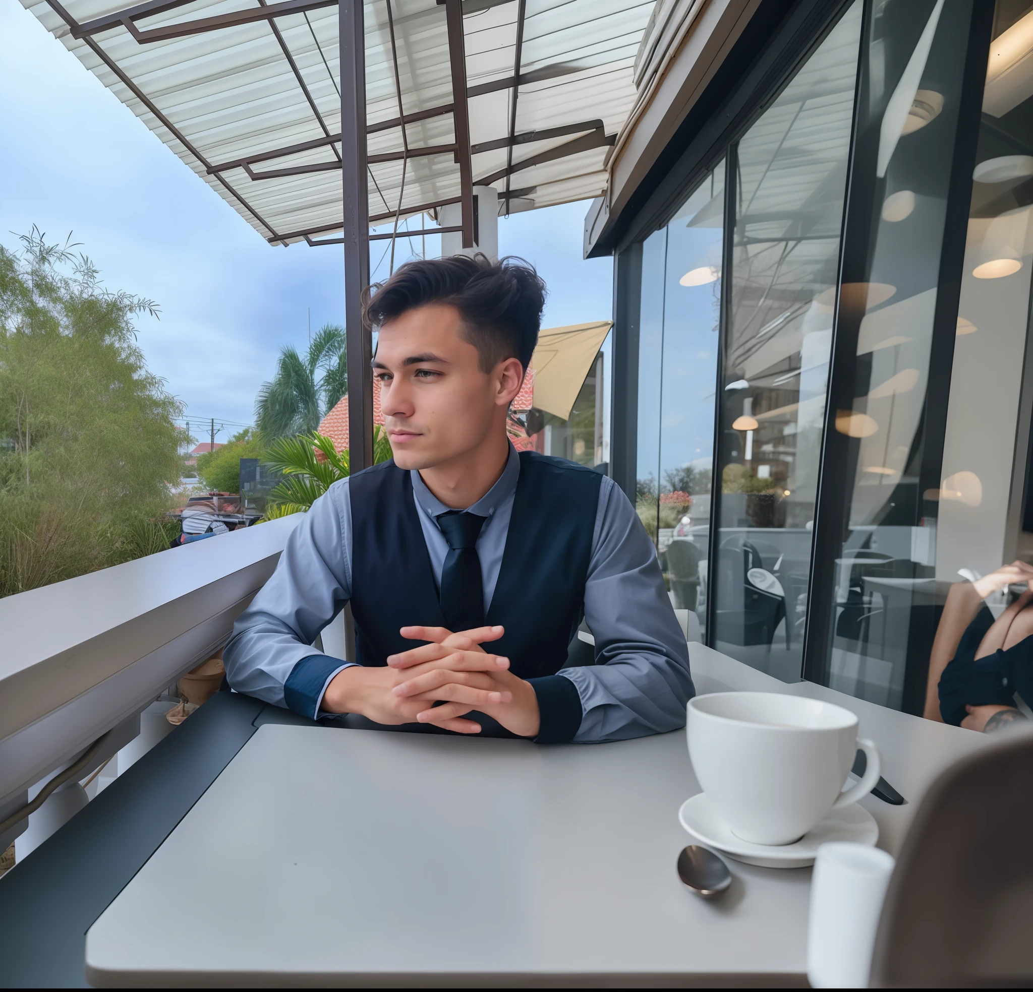 there is a man sitting at a table with a cup of coffee, sitting in a cafe, photo taken in 2 0 2 0, mid shot portrait, portrait shot 8 k, inspired by Erik Pevernagie, casual photography, shot on canon eos r5, shot on canon eos r 5, taken in 2 0 2 0, shot with sony alpha