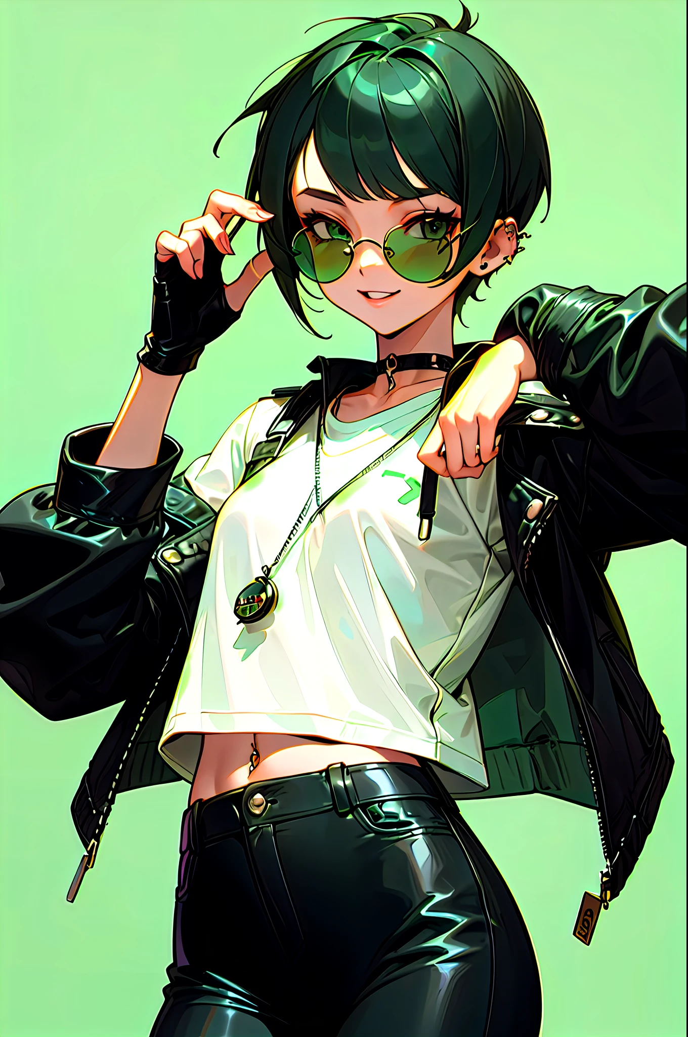 girl, ((emerald green short hairstyle)), ((aviator sunglasses)), (tomboy), big smile, street bandit clothes, leather jacket, White T-shirt, small breasts, black leather jacket, street bandit leather pants with silver chain, spiked choker, piercing ears, Fingerless gloves, light green background, glasses lowered, easy for live2D, flat art, attractive figure