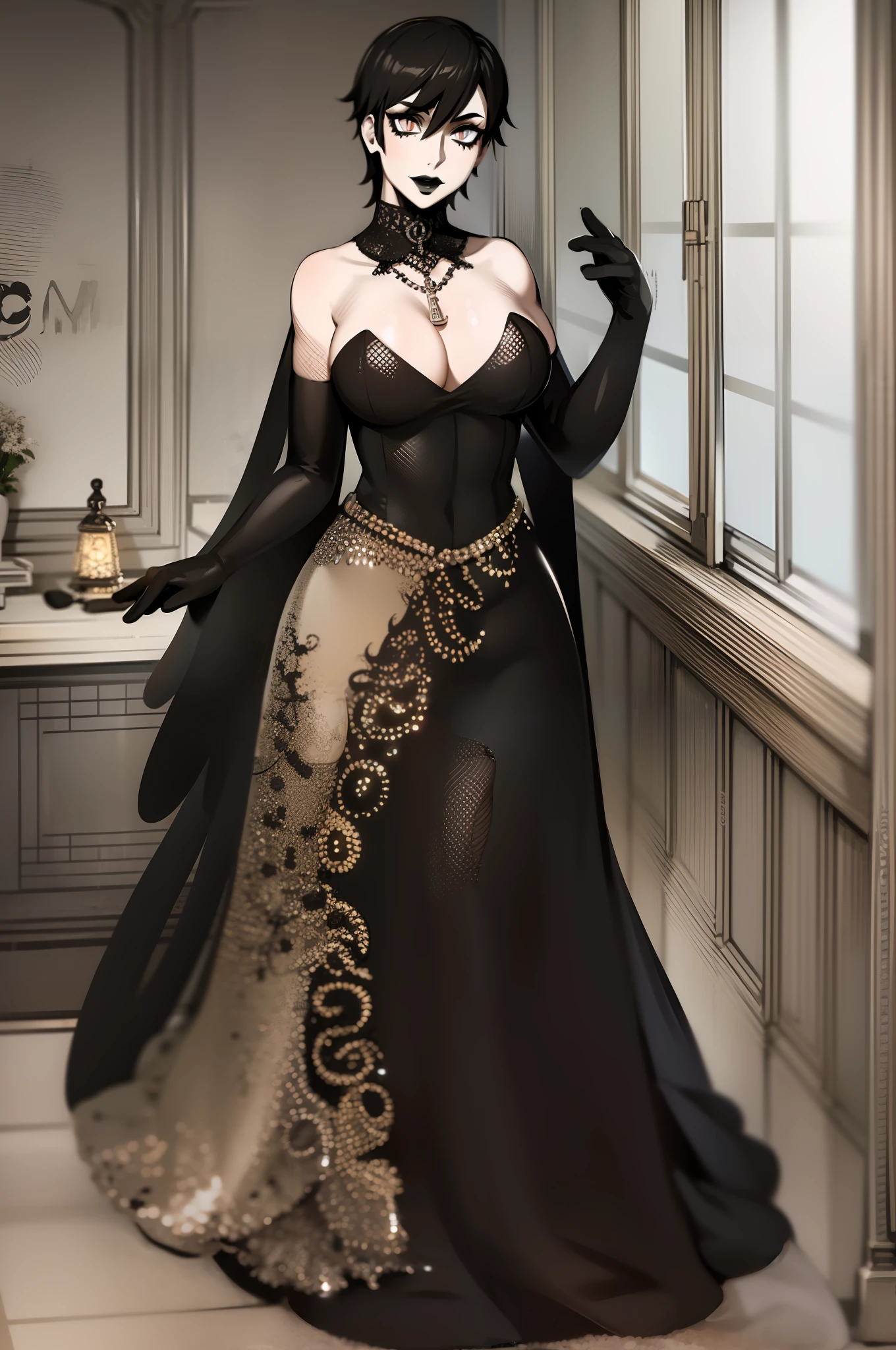 Cheveux courts, long dress, chiffons noirs, tomboy, cheveux noirs, maquillage, Goth, verre,sein moyen, christian, Croix latine, seul, forest, full clothed, victorian cloths, Jupe longue, marche, portait, corps entier, black lips, glass
