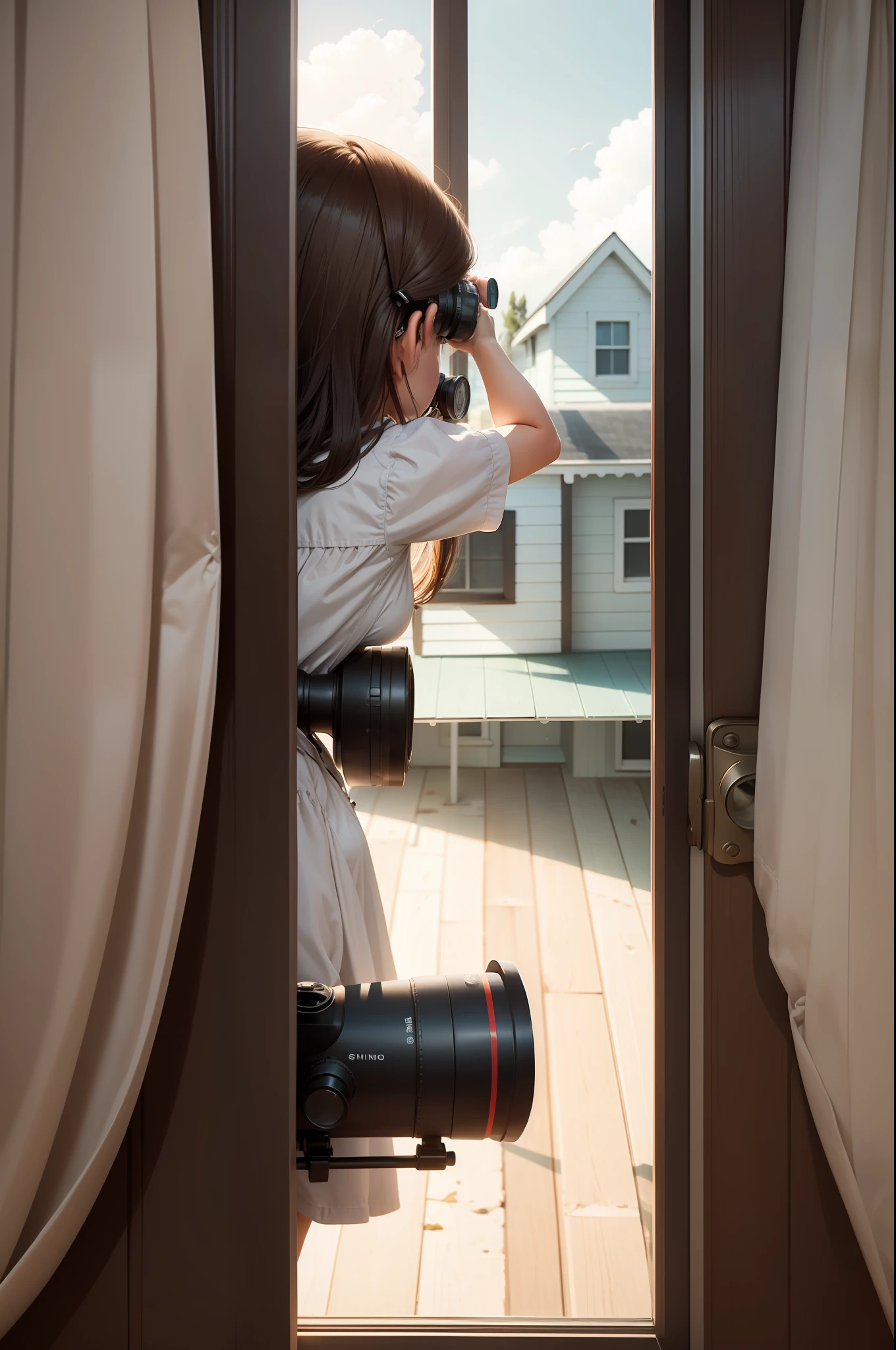 Shore girl looking out the window spying on another house in the background using binoculars