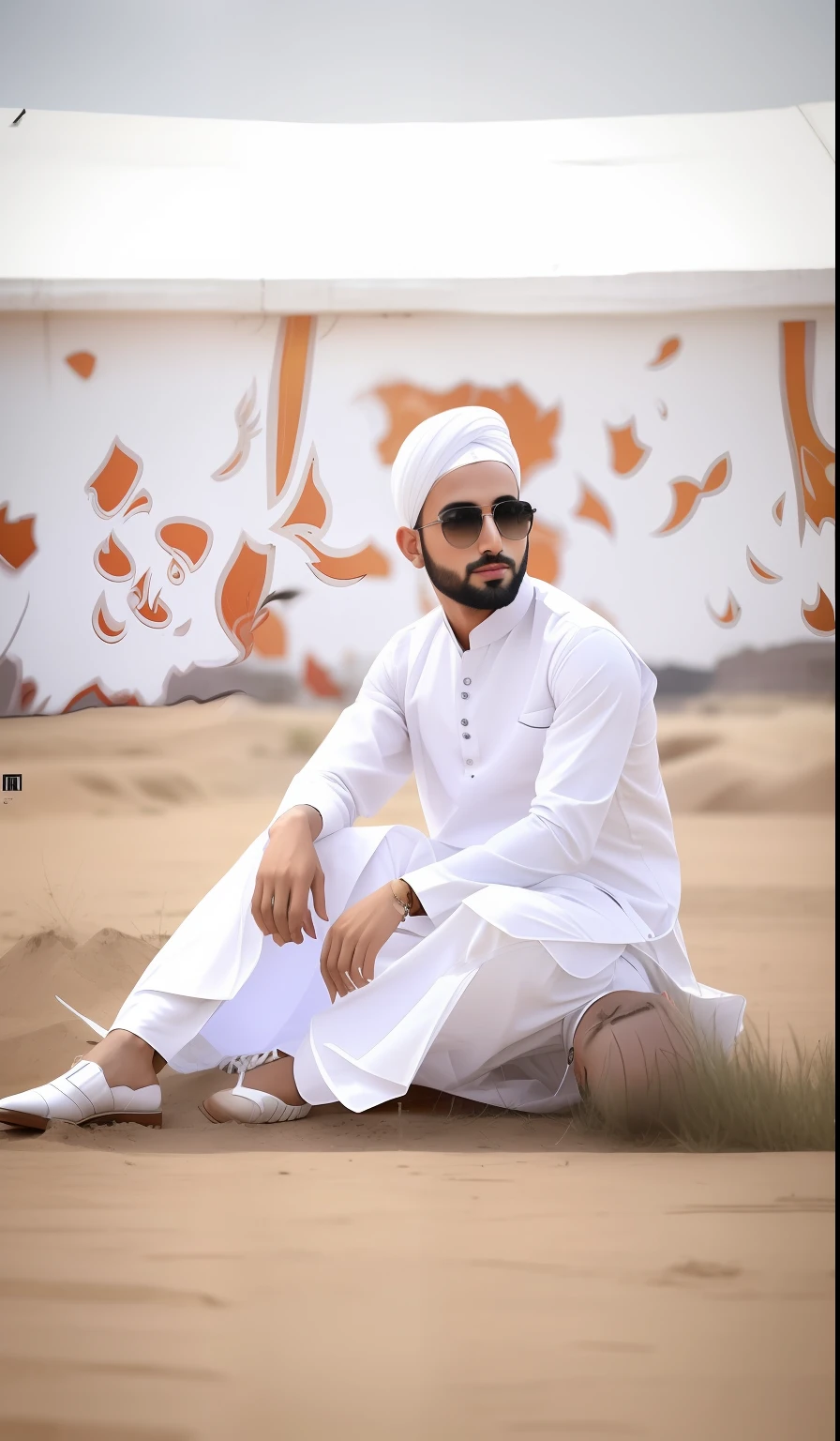 araffe man sitting on the ground in a white outfit, modeling shoot, kyza saleem, khyzyl saleem, * colour splash *, mohamed chahin style, by Riza Abbasi, full body shoot, wearing a kurta, inspired by Amir Zand, full body photogenic shot, profile pic, !! low contrast!!, modelling