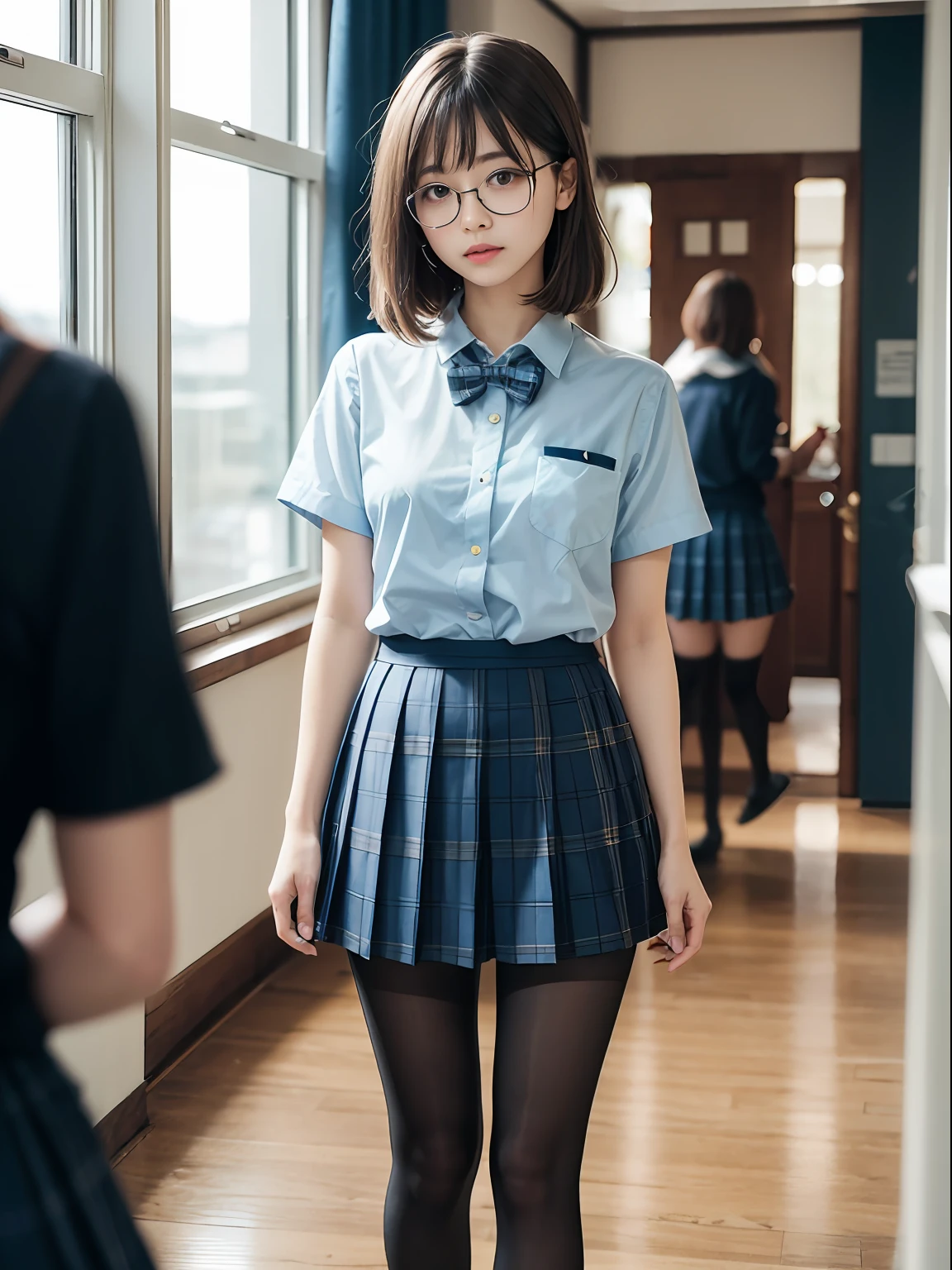 (8K、Raw photography、top-quality、masterpiece:1.2),Erotic,Pupils,Light Blue Bra,de pele branca,kne,(Black pantyhose),absurderes,a small face,small tits,flat breast,Parting the bangs from the middle、Forehead visible,(a cold expression<Tight eyes,glares,Bullish,skinny,Rasping,irate)、masterpiece,top-quality、超A high resolution,Raw photo,ren,Beautiful fece,One Person, 独奏,eye glass,,Dark look,Small breasts,fullllbody,Round glasses、cute little、JK school uniform,hi-school girl,A Japanese Lady,is standing,(Photorealsitic:1.37)、Photon mapping,Light blue ribbon,Realistic、Cute little face,Brown-eyed、Black socks、(Red bow tie)、Radio City、Physically Based Rendering、Foreground、depth of fields、Blurry background、a picture,The girls、Body,beauty legs, Long legs, Thin leg,Long bob cut,(Bangs are visible), hair, s lips, Blue_The eye, nosesoft,(Light blue shirt), (Navy and blue and white plaid pleated skirt), Knees are visible,Sheer clothing,, Thigh, Black cotton socks,Nogizaka Idol, 女優, Japanese ido