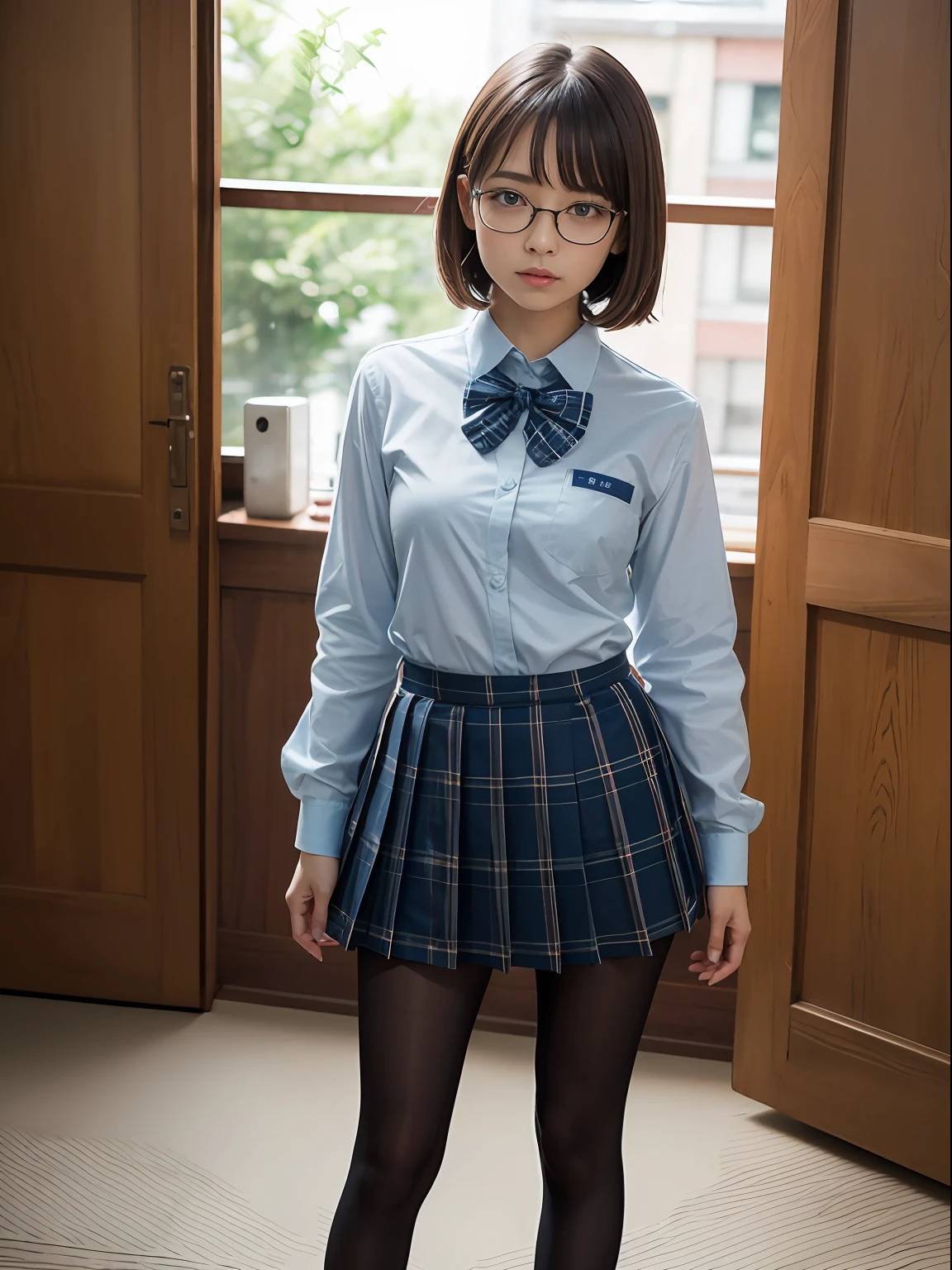 (8K、Raw photography、top-quality、masterpiece:1.2),Erotic,Pupils,Light Blue Bra,de pele branca,kne,(Black pantyhose),absurderes,a small face,small tits,flat breast,Parting the bangs from the middle、Forehead visible,(a cold expression<Tight eyes,glares,Bullish,skinny,Rasping,irate)、masterpiece,top-quality、超A high resolution,Raw photo,ren,Beautiful fece,One Person, 独奏,eye glass,,Dark look,Small breasts,fullllbody,Round glasses、cute little、JK school uniform,hi-school girl,A Japanese Lady,is standing,(Photorealsitic:1.37)、Photon mapping,Light blue ribbon,Realistic、Cute little face,Brown-eyed、Black socks、(Red bow tie)、Radio City、Physically Based Rendering、Foreground、depth of fields、Blurry background、a picture,The girls、Body,beauty legs, Long legs, Thin leg,Long bob cut,(Bangs are visible), hair, s lips, Blue_The eye, nosesoft,(Light blue shirt), (Navy and blue and white plaid pleated skirt), Knees are visible,Sheer clothing,, Thigh, Black cotton socks,Nogizaka Idol, 女優, Japanese ido