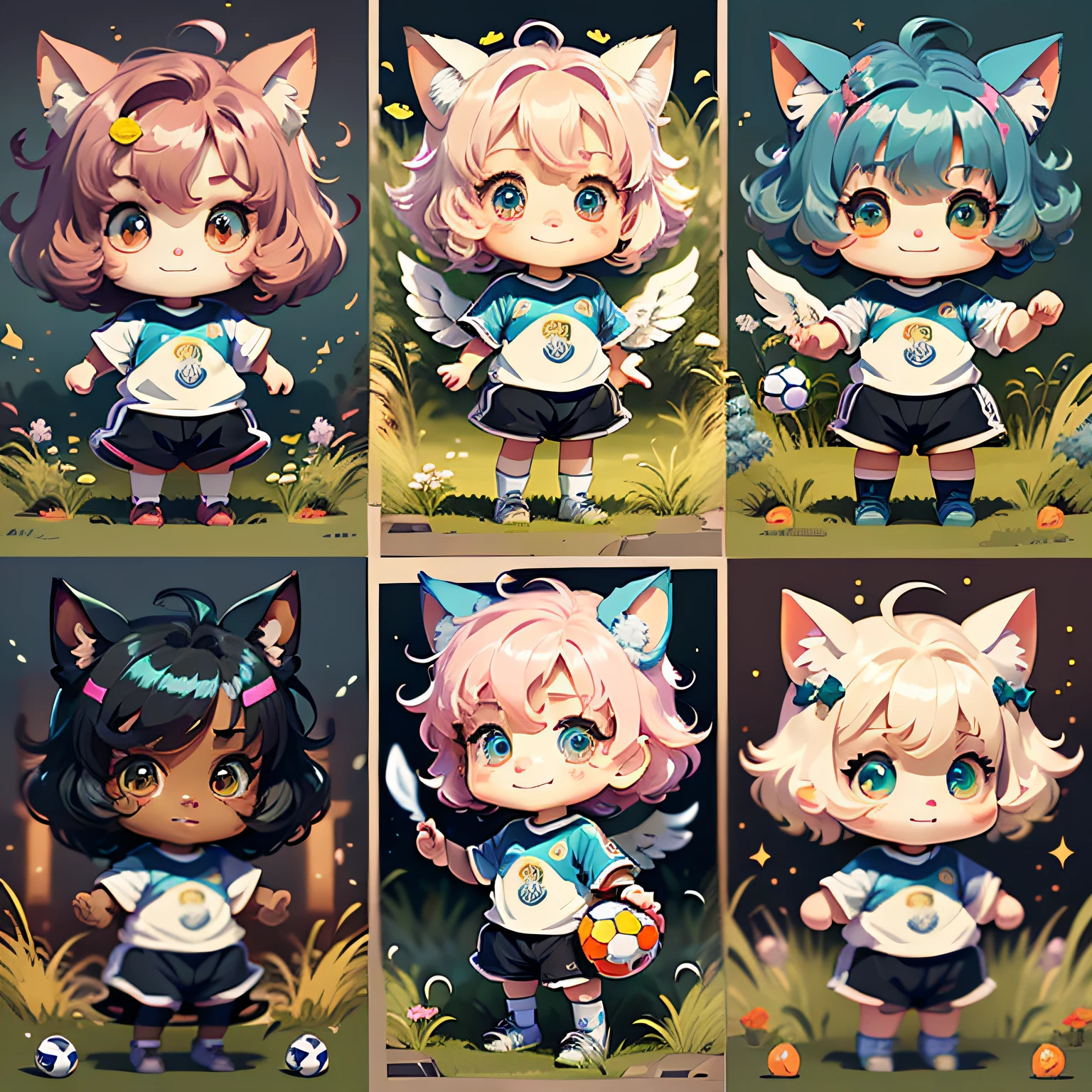 Cute pink cat、(((Chibi)))、girl with、Three-headed body、Angel wings、((A smile)), Heading shot、 sports wear, Jersey、Jersey、number11, Grass background, a sticker, animesque、Soccer Shoes、Soccer Balls、Vector lines、a sticker、Drawing a、White outline cutout sticker design、Flat design、animesque、Cartoon stickers, Multiple poses and expressions,、
