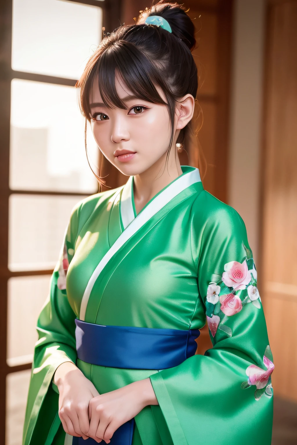 ultra high res, best quality, photo, 4k, (photorealistic:1.4),
1girl, high ponytail, 
hanfugirl,light green hanfu, floral print, 
arms behind back,