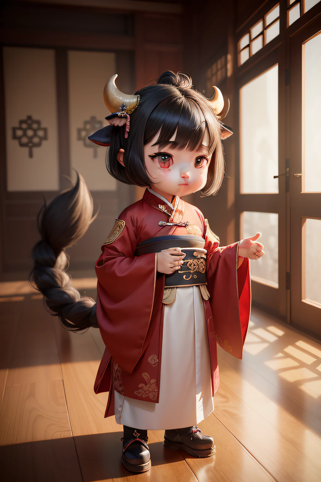 A super cute little anthropomorphic cattle in Chinese Hanfu in pixar style,standing,big charming eyes,cute tail,super realistic,super detail,luxurious,elegant,gorgeous,Unreal Engine,octane render, 8K,VRAY super
