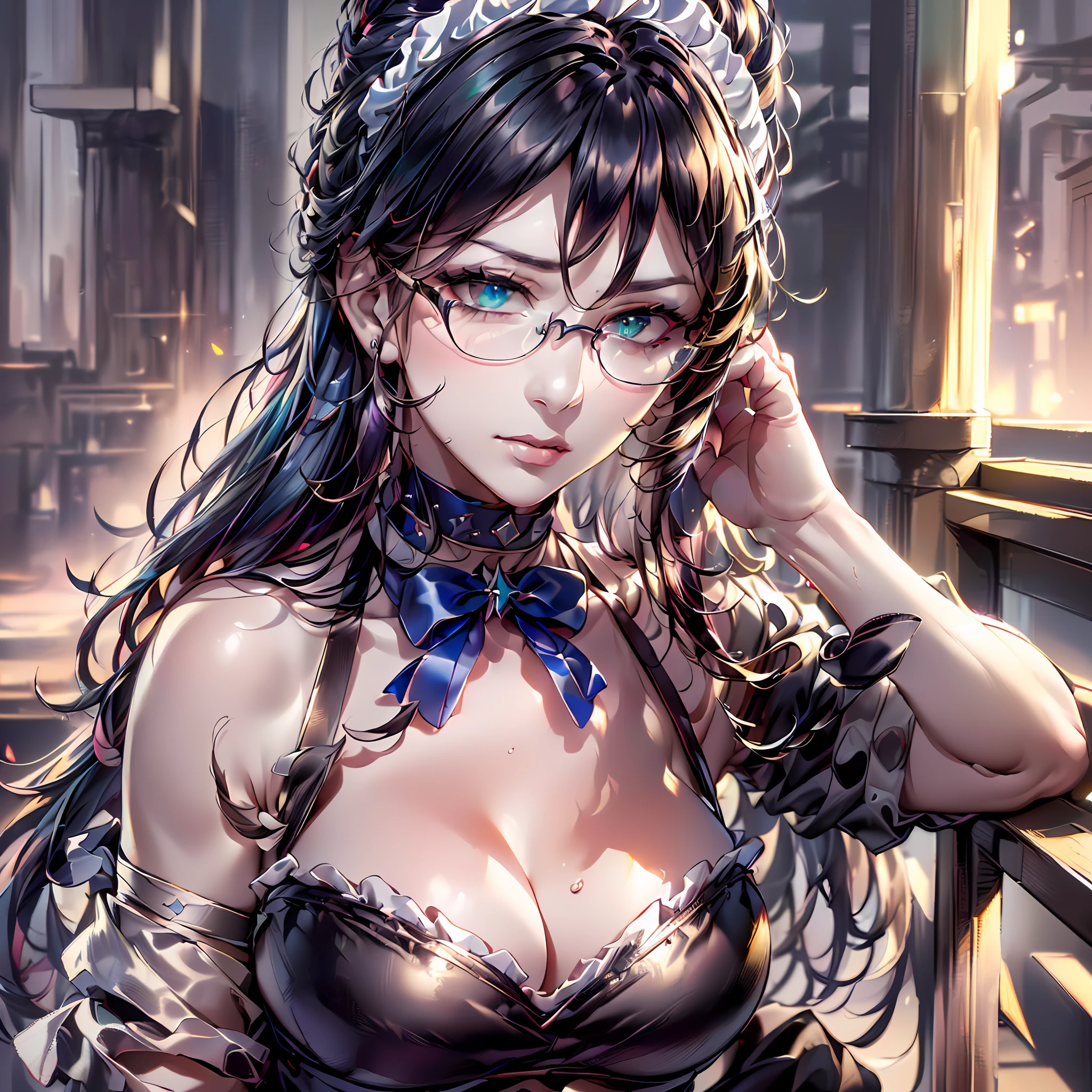 (k, RAW photo, highres, best quality, masterpiece:2.0), (ultra-fine depiction of the detail:2.0), (realistic, beautiful, photo-realistic:1.3), 1girl, (yuri alpha), (long black hair, slightly messy), (slightly messy diagonal bangs:1.0), (single braid bun, double bun), (shiny black hair, blue-gray eyes), (cool glasses), (gothic style vivid blue choker), (blue bowtie and ribbon), (simple but high-quality maid dress), (elaborately designed, vivid dark emerald green, spiked gantlets), (solemn maid dress with gothic style coreset), (huge brsexy cleae), (and handsome woman), (shiny skin, pink lips), (looking at the viewer), (closed mouth, a faint smile), (a caring, gentle gaze towards the viewer:1.2), (at a Greek temple, in the evening, crescent moon, filled with solemn, mysterious atmosphere), (highly sophisticated professional HDR, with effective ambient occlusion, perfectly optimized effective spot light and front light:1.8), (perfect, natural, harmonious composition), (photo-realistic, ultra-detailed:1.5), ((portrait, cowboy shot:1.6))