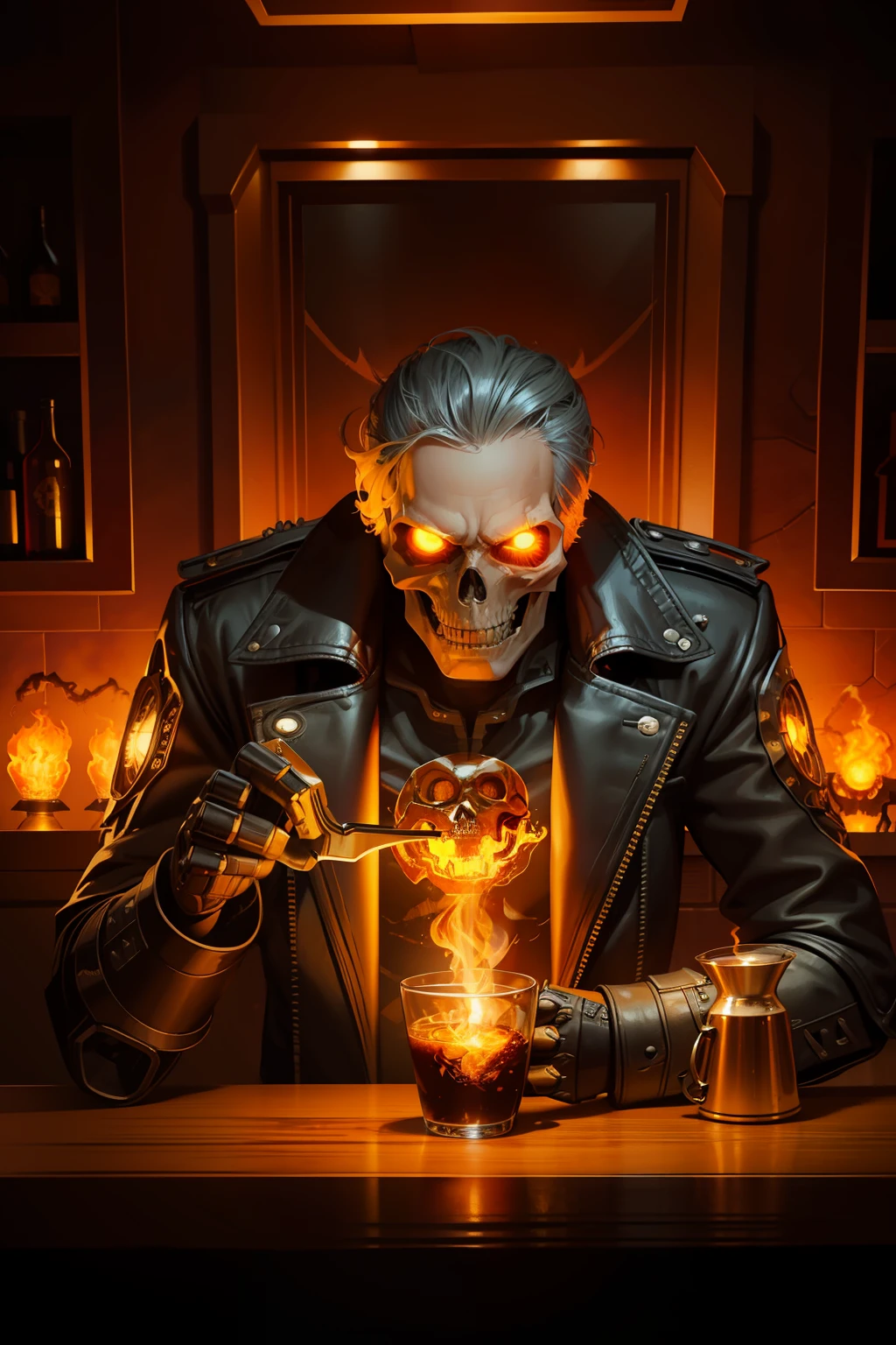 ghost rider steampunk circuit-vintage robot with dramatic fiery skull nd fiery hands,  sitting in the bar with fiery coffee glass , moon lighting, looking at camera, highly detailed, digital painting, artstation, concept art, sharp focus, cinematic lighting, illustration, artgerm, greg rutkowski, alphonse mucha, cgsociety, octane render, unreal engine 5, cinematic.