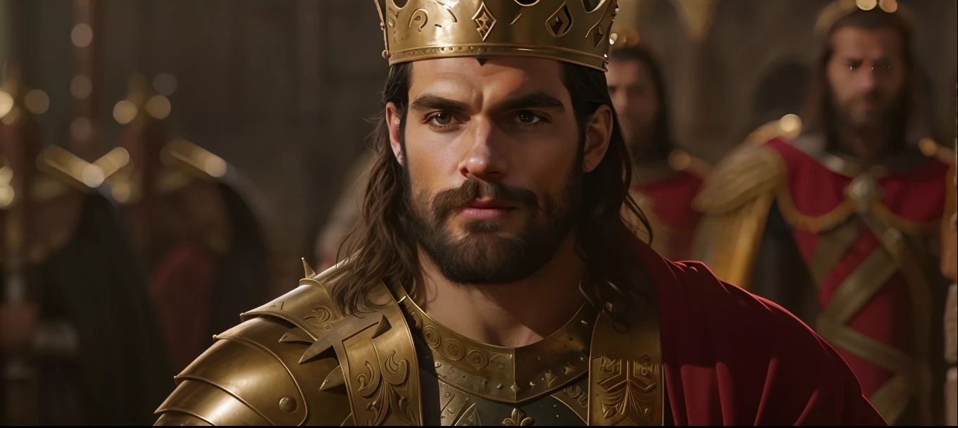 A man in a red crown and cloak stands before a crowd, Henry Cavill como um guerreiro, king richard the lionheart, Henry Cavill como um deus grego, Velho Rei Medieval, grande rei de stovokor, Henry Cavill como Arthas Menethil, Rei Artur, henry cavill is a greek god, homem com coroa, usando coroa de reis