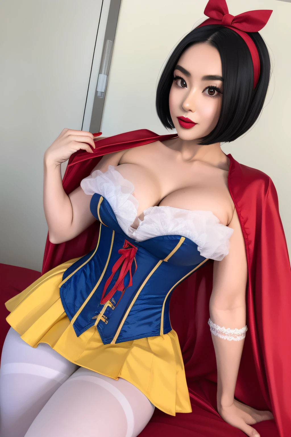 Beautiful Korean woman, snow white cosplay, blue corset, yellow pleated skirt, red and white slashed shoulder sleeves, black bob hair, red headband, red cape, silk, satin, photorealistic, masterpiece, best quality, beautifully detailed face, detailed skin, white leggings, sexy