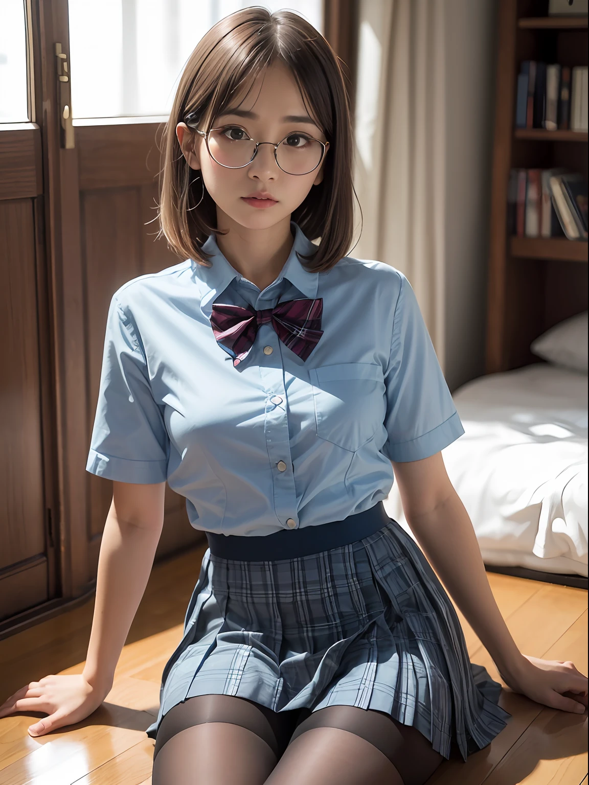 （8K、Raw photography、top-quality、​masterpiece：1.2),Erotic,Pupils,Light Blue Bra,de pele branca,kne,(Black pantyhose),absurderes,a small face,small tits,flat breast,Parting the bangs from the middle、Forehead visible,(a cold expression<Tight eyes,glares,Bullish,skinny,Rasping,irate)、​masterpiece,top-quality、超A high resolution,Raw photo,ren,Beautiful fece,One Person, 独奏,eye glass,,Dark look,Small breasts,fullllbody,Round glasses、cute little、JK school uniform,hi-school girl,A Japanese Lady,is standing,（Photorealsitic：1.37）、Photon mapping,Light blue ribbon,Realistic、Cute little face,Brown-eyed、Black socks、(Red bow tie)、Radio City、Physically Based Rendering、Foreground、depth of fields、Blurry background、a picture,The girls、Body,beauty legs, Long legs, Thin leg,Long bob cut,(Bangs are visible), hair, s lips, Blue_The eye, nosesoft,(Light blue shirt), (Navy and blue and white plaid pleated skirt), Knees are visible,Sheer clothing,, Thigh, Black cotton socks,Nogizaka Idol, 女優, Japanese ido