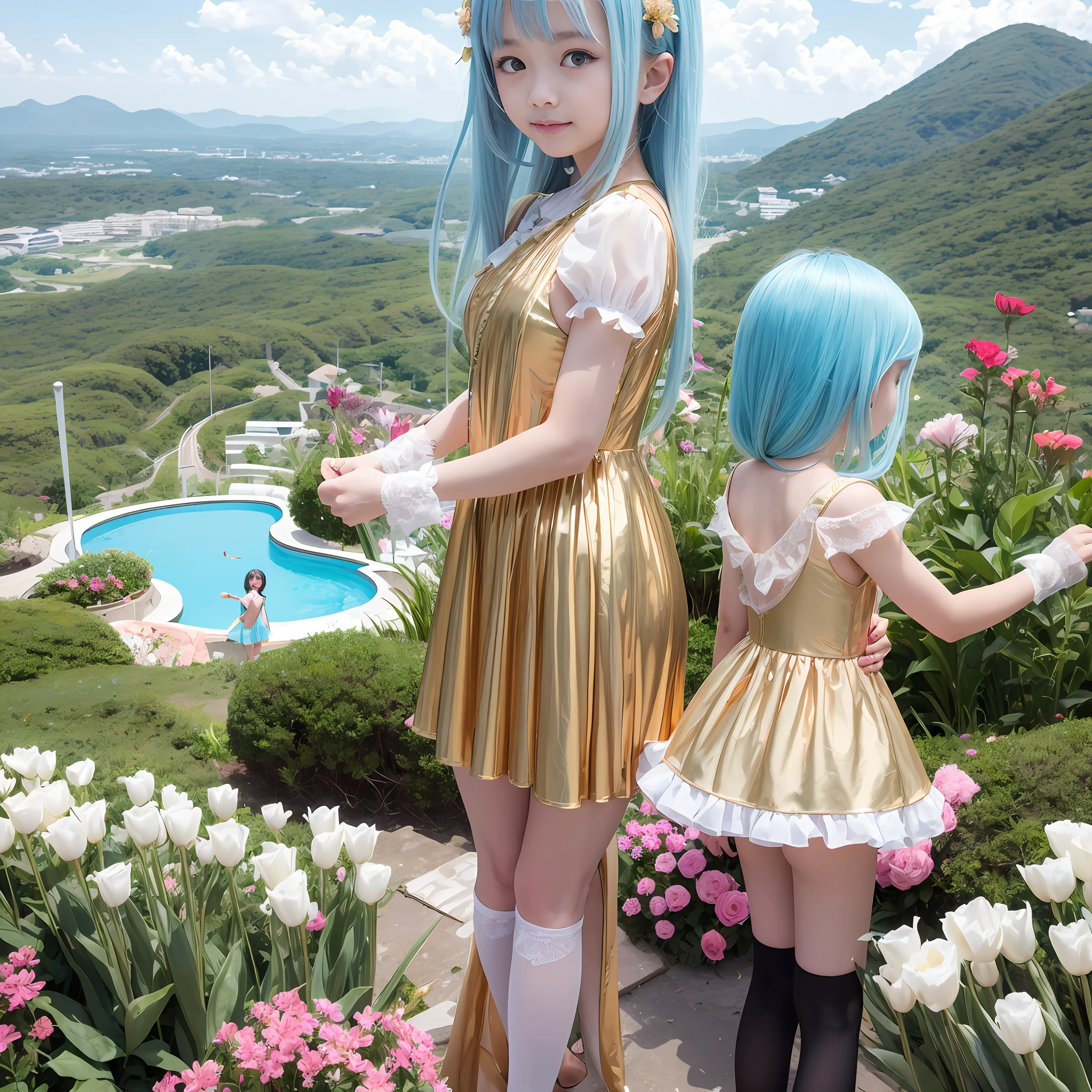 180-storey infinity pool，The tallest building in the city's forest，Sports Center，Bonsai around，Luo Han Song，coconut palms，coconut crab，tulips，Rose flower，Tease the alpacas to play，There were five little girls wearing openwork translucent stockings，Pouting and smiling，is shy，Pout，Pink, gold, White, Blue, Five colors, Two-tailed hair and cyan eyes，Anime little girl in servant costume