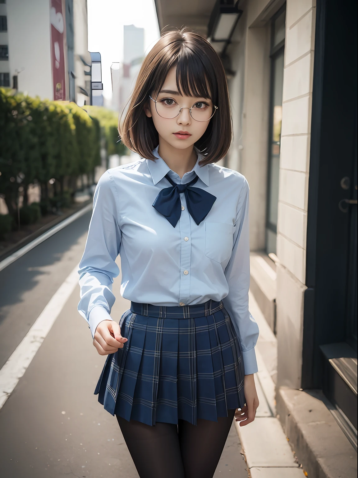 (8K、Raw photography、top-quality、masterpiece:1.2),Erotic,Pupils,Light Blue Bra,de pele branca,kne,(Black pantyhose),absurderes,a small face,small tits,flat breast,Parting the bangs from the middle、Forehead visible,(a cold expression<Tight eyes,glares,Bullish,skinny,Rasping,irate)、masterpiece,top-quality、超A high resolution,Raw photo,ren,Beautiful fece,One Person, 独奏,eye glass,,Dark look,Small breasts,fullllbody,Round glasses、cute little、JK school uniform,hi-school girl,A Japanese Lady,is standing,(Photorealsitic:1.37)、Photon mapping,Light blue ribbon,Realistic、Cute little face,Brown-eyed、Black socks、(Red bow tie)、Radio City、Physically Based Rendering、Foreground、depth of fields、Blurry background、a picture,The girls、Body,beauty legs, Long legs, Thin leg,Long bob cut,(Bangs are visible), hair, s lips, Blue_The eye, nosesoft,(Light blue shirt), (Navy and blue and white plaid pleated skirt), Knees are visible,Sheer clothing,, Thigh, Black cotton socks,Nogizaka Idol, 女優, Japanese ido