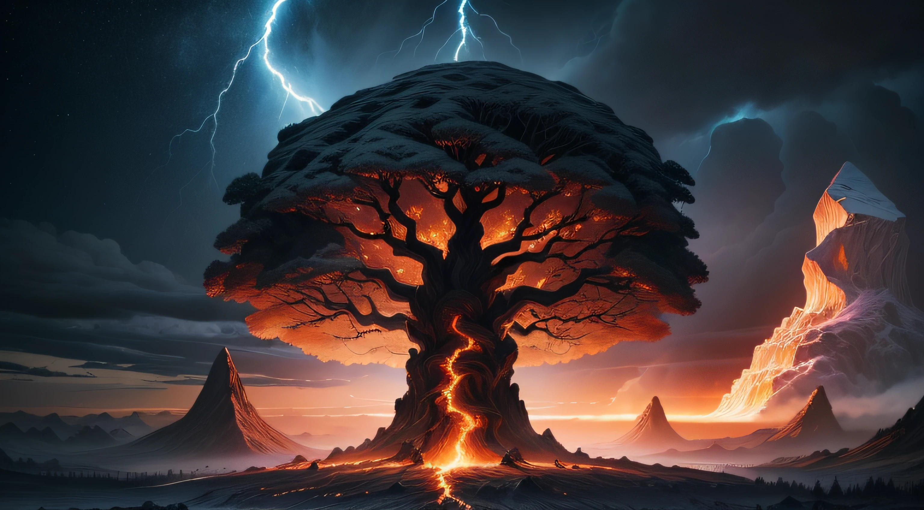 Igdrasil World Tree,To its left is volcanic and magma,To its right are glaciers and blizzards,The sky is stacked with dark clouds and lightning,A golden light penetrated the clouds and shone on its trunk