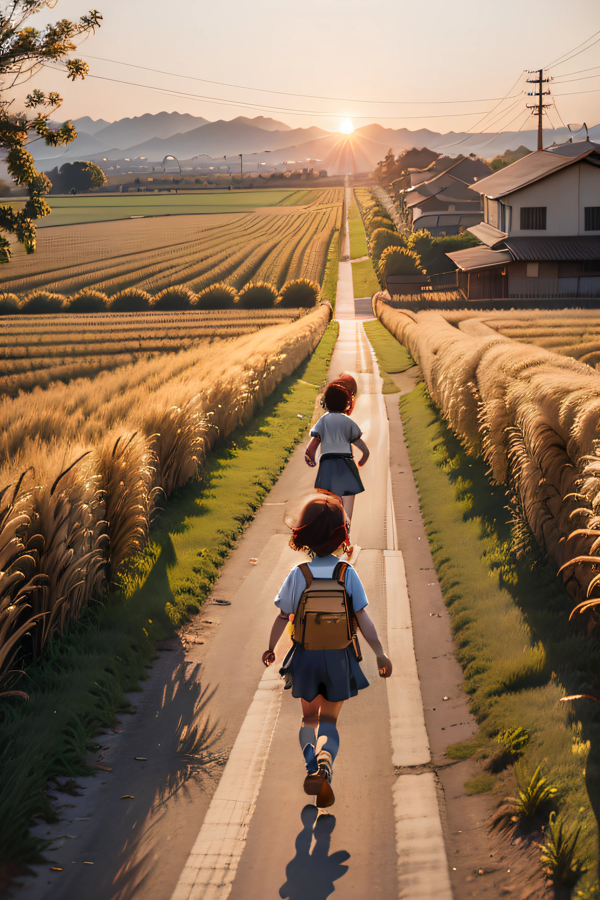 wheat field、Mai Lang、Children chasing after school in the distance，Utility poles in the distance、eventide、Nice sunset、Childhood memories、highly details、photorealestic