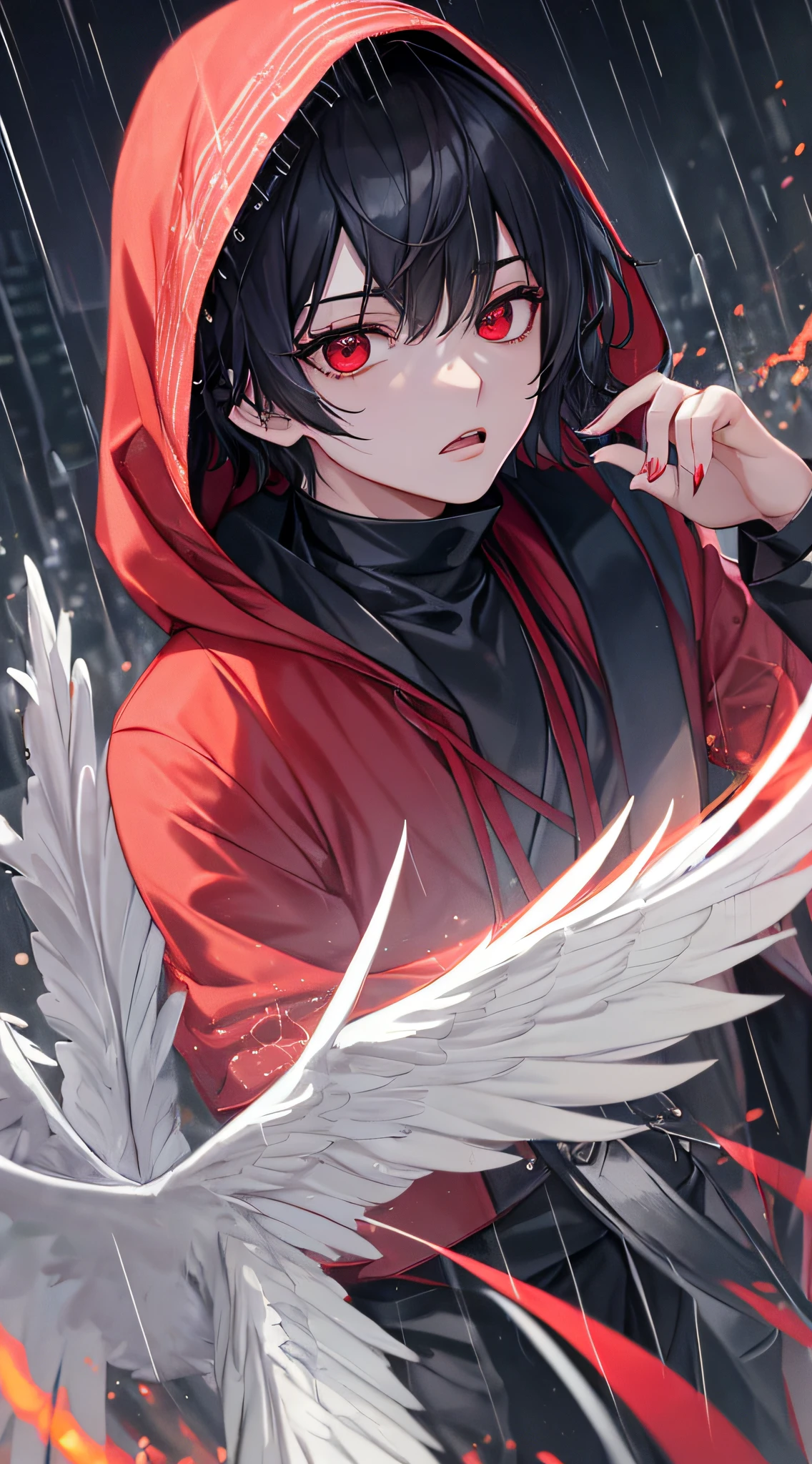 kk, best quality, more details, mastery, 1boy, kaneki ken, portrait, male focus, red eyes, solo, bangs, looking at viewer, hood, short hair, rain, tokyo tokyo \(city\), hijabi sluty,Nail polishing,whaite hair,Luxury,8k,the detail,Ray traching,depth of fields,电影灯光,