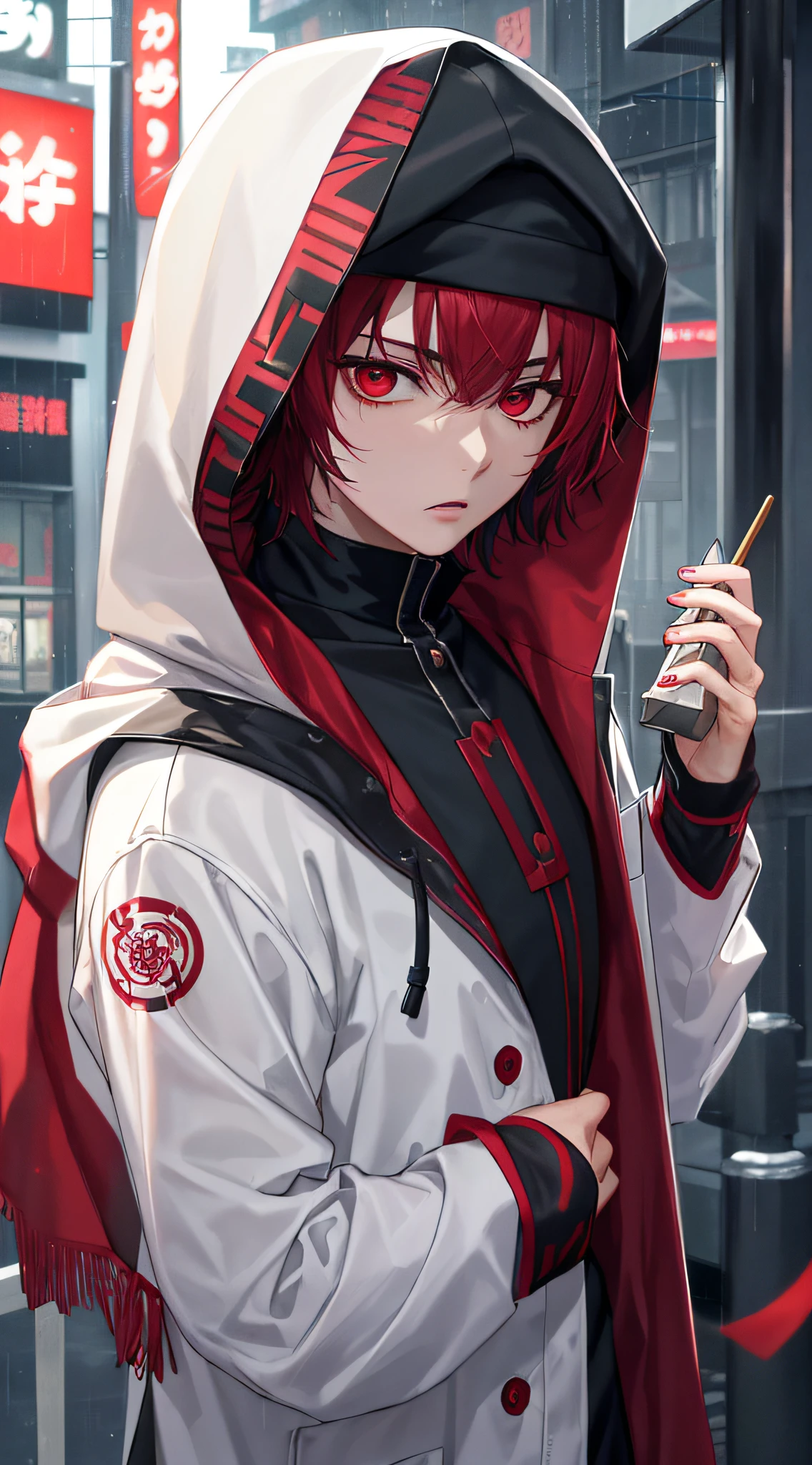 kk, best quality, more details, mastery, 1boy, kaneki ken, portrait, male focus, red eyes, solo, bangs, looking at viewer, hood, short hair, rain, tokyo tokyo \(city\), hijabi sluty,Nail polishing,whaite hair,Luxury,8k,the detail,Ray traching,depth of fields,电影灯光,
