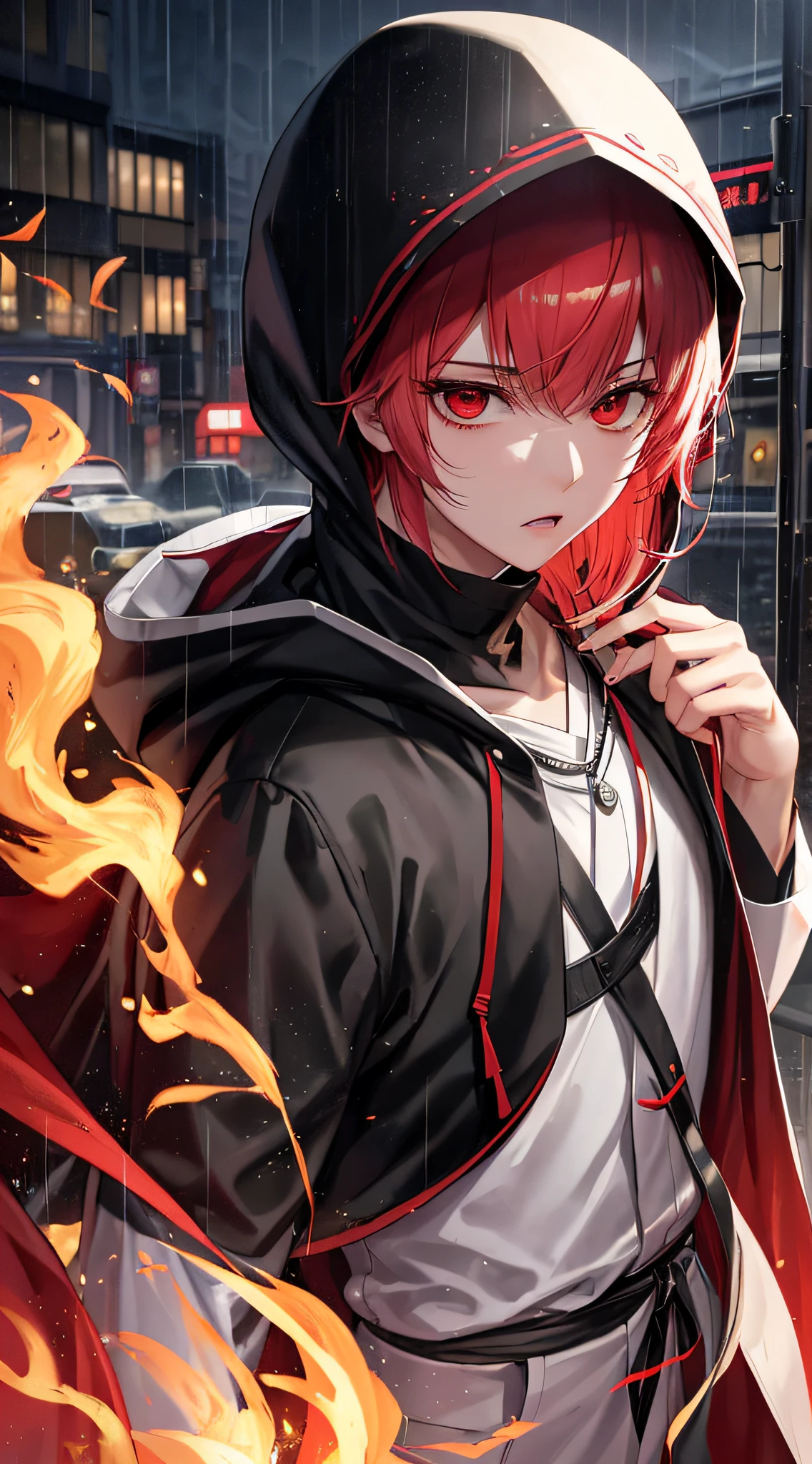 kk, best quality, more details, mastery, 1boy, kaneki ken, portrait, male focus, red eyes, solo, bangs, looking at viewer, hood, short hair, rain, tokyo tokyo \(city\), hijabi sluty,Nail polishing,whaite hair,Luxury,8k,the detail,Ray traching,depth of fields,电影灯光,