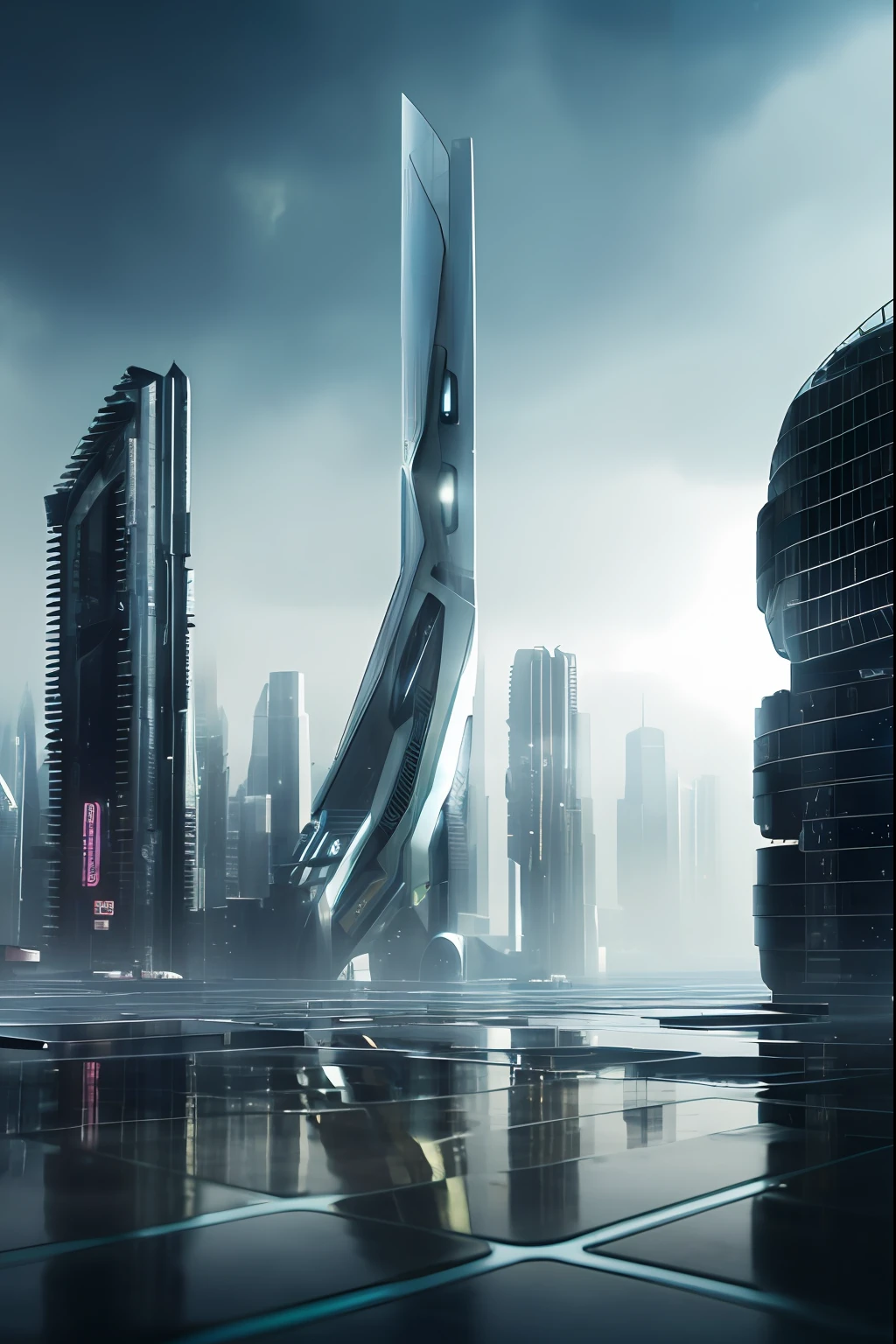 ((masterpiece, best quality)), 8k, modern architecture style, photo realistic, hyper detailed photo, clean sky, ruined city, cyberpunk,rain