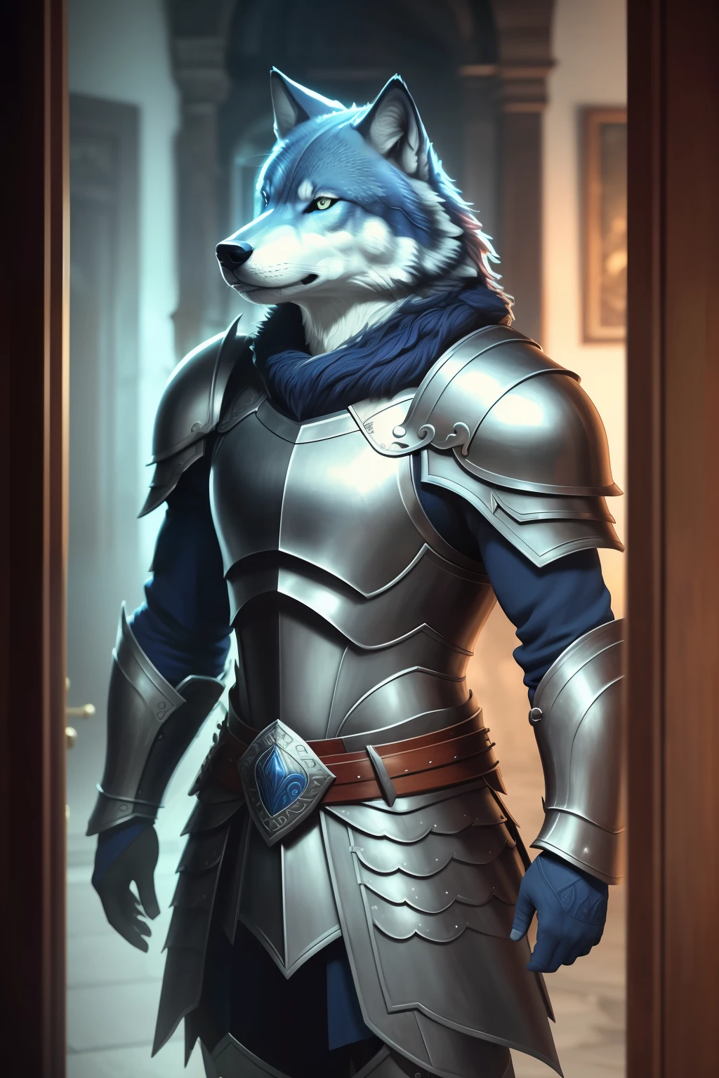 (Best Quality, Masterpiece, RAW Photo: 1.2), 8K, finely detailed, (Realistic, Photorealistic: 1.2),  Epic Details,,1 Deep Blue Wolf in Warrior Armor, Chinese Tang Dynasty White Gold Armor, Shoulder Armor, Cuirass, Looking at the Viewer, Underdoor, Background Simple, Fantasy, Cold Light,High light, low exposure, high contrast, low shadow，Extremely Detailed CG Unity 8K Wallpaper，Best work
