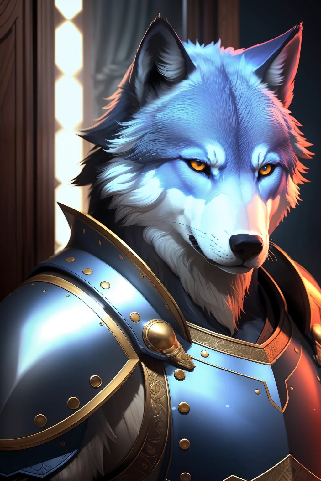 (Best Quality, Masterpiece, RAW Photo: 1.2), 8K, finely detailed, (Realistic, Photorealistic: 1.2),  Epic Details,,1 Deep Blue Wolf in Warrior Armor, Chinese Tang Dynasty White Gold Armor, Shoulder Armor, Cuirass, Looking at the Viewer, Underdoor, Background Simple, Fantasy, Cold Light,High light, low exposure, high contrast, low shadow，Extremely Detailed CG Unity 8K Wallpaper，Best work