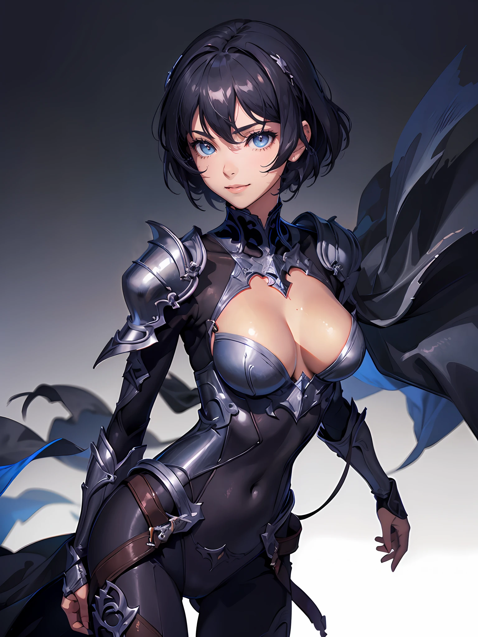 Super fine illustration,((Masterpiece, Best quality)),Extremely detailed eyes and face, (photograph realistic:1.4)The artist has provided more details for anime female characters in armor, 1girll, Dynamic pose, Delicate and shiny tan_skin,Black armor, Solo,Evil smile, shiny very short hair, Shoulder armor, Blue eyes,Small eyelashes, Eyes with beautiful details, Large of breast,Evil Warrior,Black cuirass,Black bodysuit,Crotch,Evil helmet, view the viewer,Dark, Depth of field,Outdoors,Professional lighting,cinematic shadow,Black Knight ,darkened room,