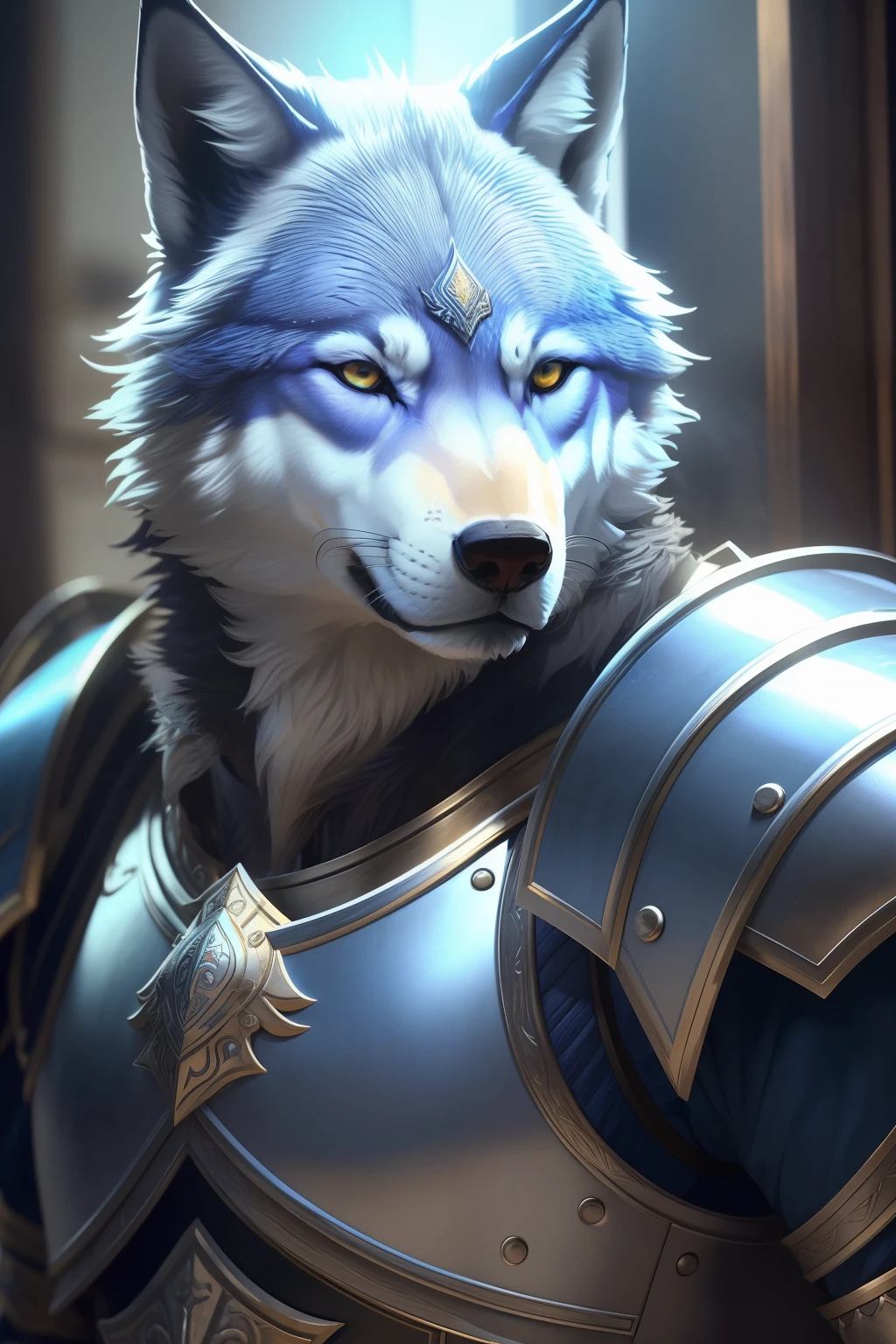 (Best Quality, Masterpiece, RAW Photo: 1.2), 8K, finely detailed, (Realistic, Photorealistic: 1.2), Epic Details,,1 Deep Blue Wolf in Warrior Armor, Chinese Tang Dynasty White Gold Armor, Upper Body, Shoulder Armor, Cuirass, Looking at the Viewer, Underdoor, Background Simple, Fantasy, Cold Light,High light, low exposure, high contrast, low shadow,Extremely Detailed CG Unity 8K Wallpaper,Best work