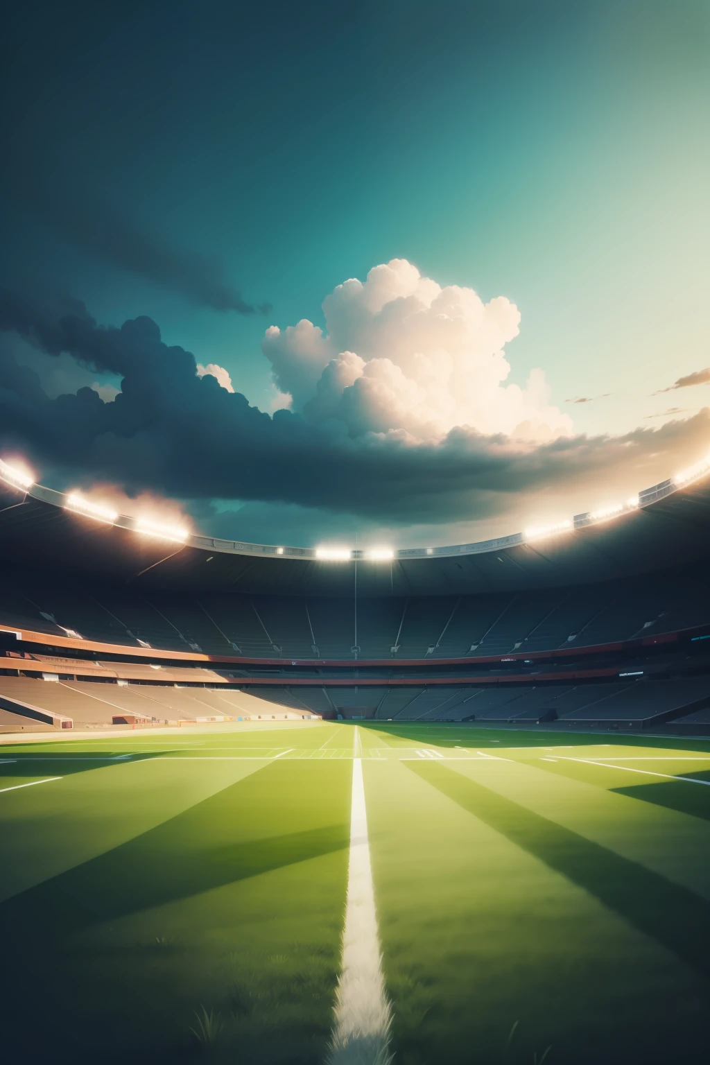 football stadium, lawn, special effect, dramatic image, apocalyptic