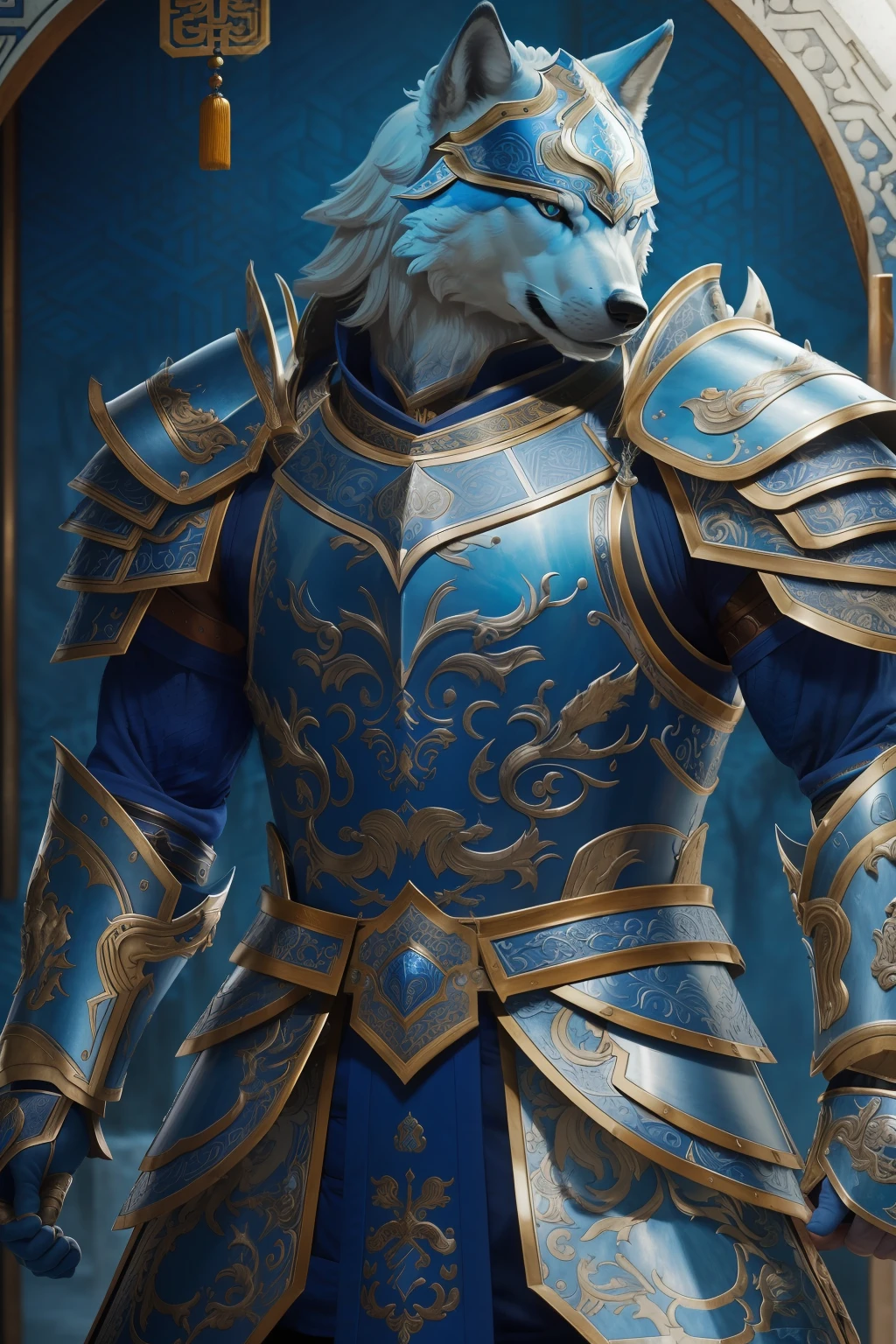 (Best Quality, Masterpiece, RAW Photo: 1.2), 8K, finely detailed, (Realistic, Photorealistic: 1.2), Epic Details,,1 Deep Blue Wolf in Warrior Armor, Chinese Tang Dynasty White Gold Armor, Upper Body, Shoulder Armor, Cuirass, Looking at the Viewer, Underdoor, Background Simple, Fantasy, Cold Light,