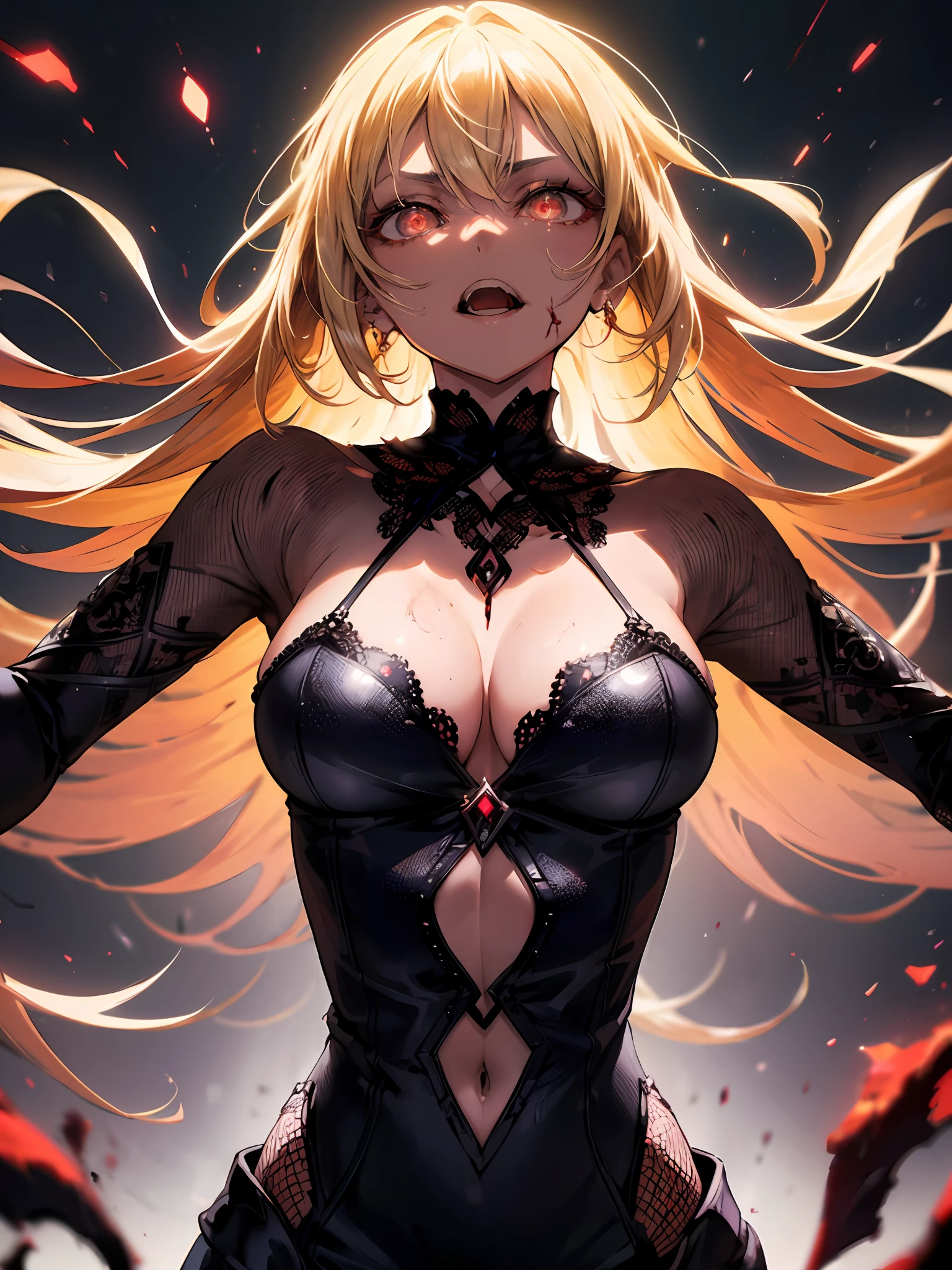 1girll, hyper super ultra detailed perfect piece, illustration, Masterpiece, Dynamic pose, (Perfect anatomy), ((Black and red glow)), (Evil personality), (go mad eyes),Blonde hair,Black dress, Intricate details, Best quality, ((Solo)) ,Crazy nothingness, Glowing eyes, Blood \(Theme\),