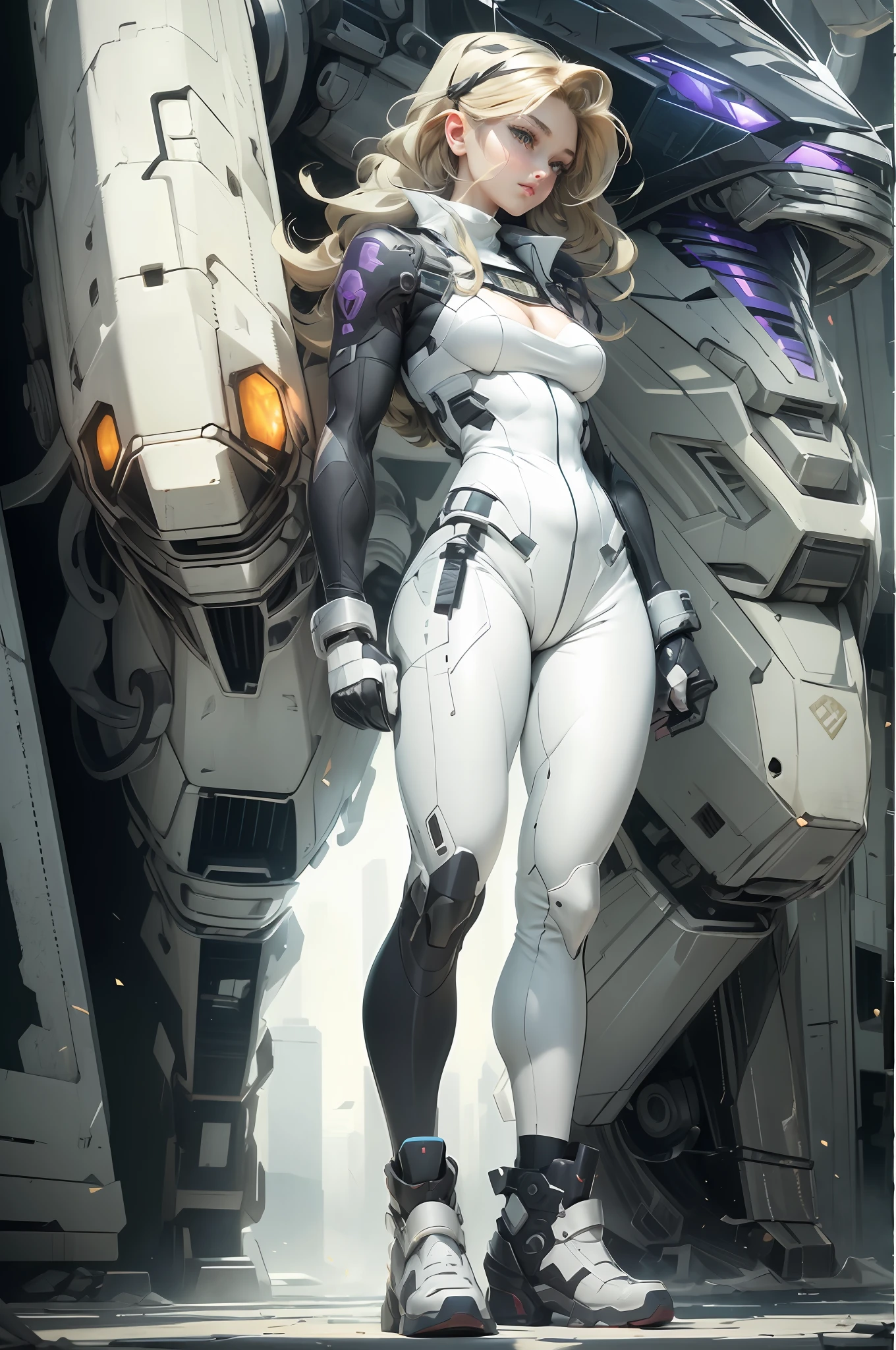 (8k, masterpiece, best quality), ultra-detailed, detailed beautiful round eyes, beautifully detailed face, high quality, high resolution, mecha women with bow wearing sexy outfit in the ruin of city, ancient technology,HDR (High Dynamic Range),Ray Tracing,NVIDIA RTX,Super-Resolution,Unreal 5,Subsurface scattering,PBR Texturing,Post-processing,Anisotropic Filtering,Depth-of-field,Maximum clarity and sharpness,Multi-layered textures,Perfect proportions,Octane Render,Two-tone lighting,Low ISO,White balance,Rule of thirds,Wide aperature,8K RAW,Efficient Sub-Pixel,sub-pixel convolution,luminescent particles,light scattering,Tyndall effect, (massive breast:1.3), mecha, thicc, busty, blonde, long hair,purple dress, milf