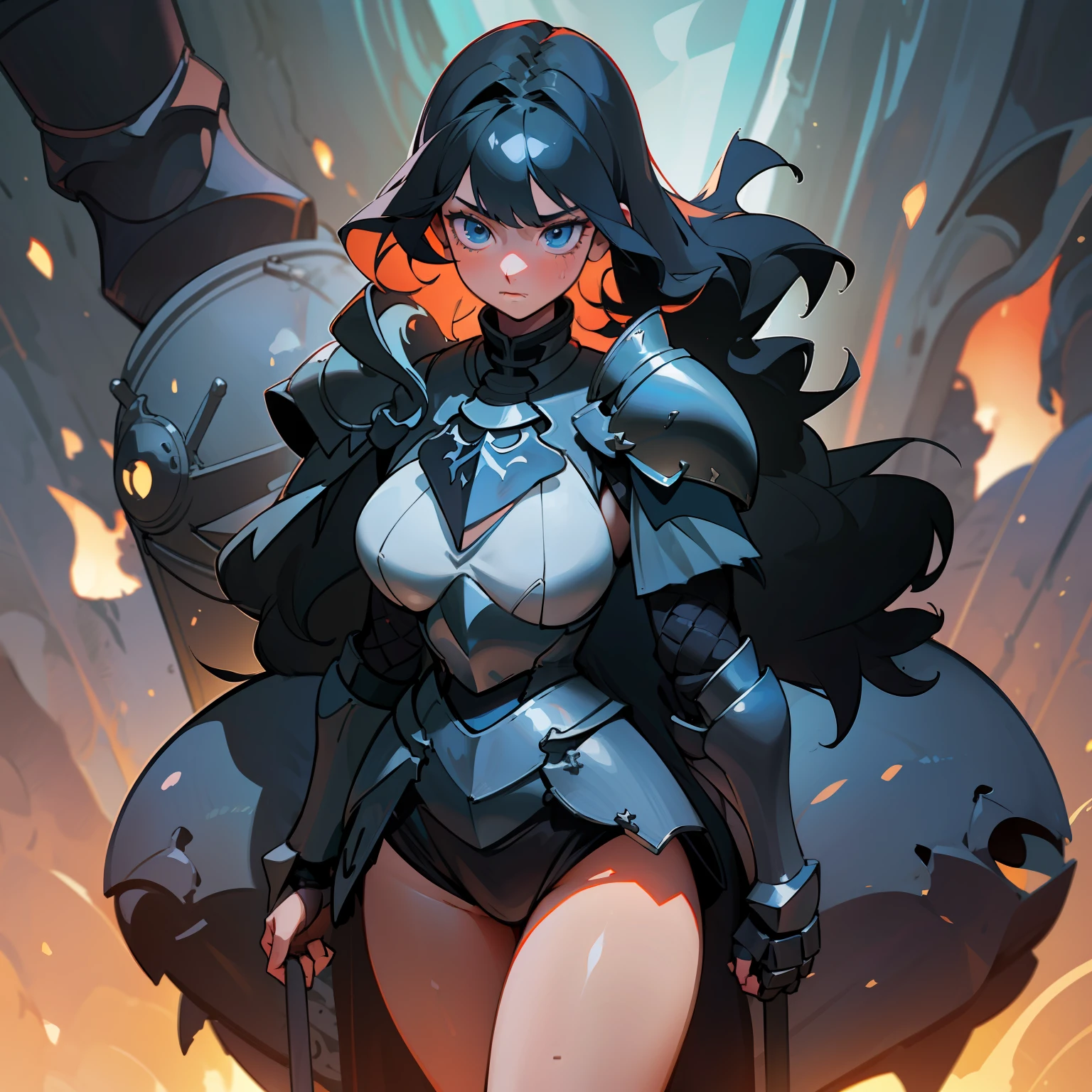 1 Girl, light blue eyes, big black hair, locks of hair, bangs, hair detail, strands of hair detail, (lights effect on hair), ((sexy black knight armor)), big chest, thick legs, thick thigh, background scenery, in hell, surrounding fire, ambient detail, ultra detailed