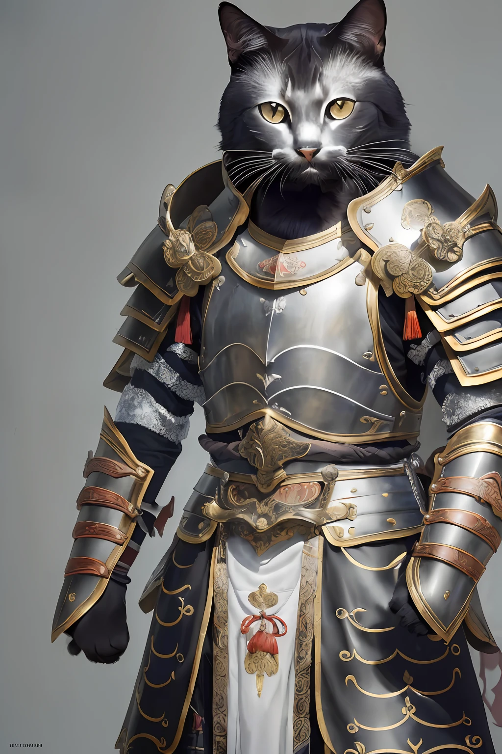 (Best quality, masterpiece,RAW photo:1.2),finely detailed,(Realistic, photorealistic:1.2),1 black cat in warrior armor,Chinese Tang Dynasty white gold armor,upper body,Shoulder armor, breastplate,looking at the viewer,outdoors,simple background,Studio lighting
