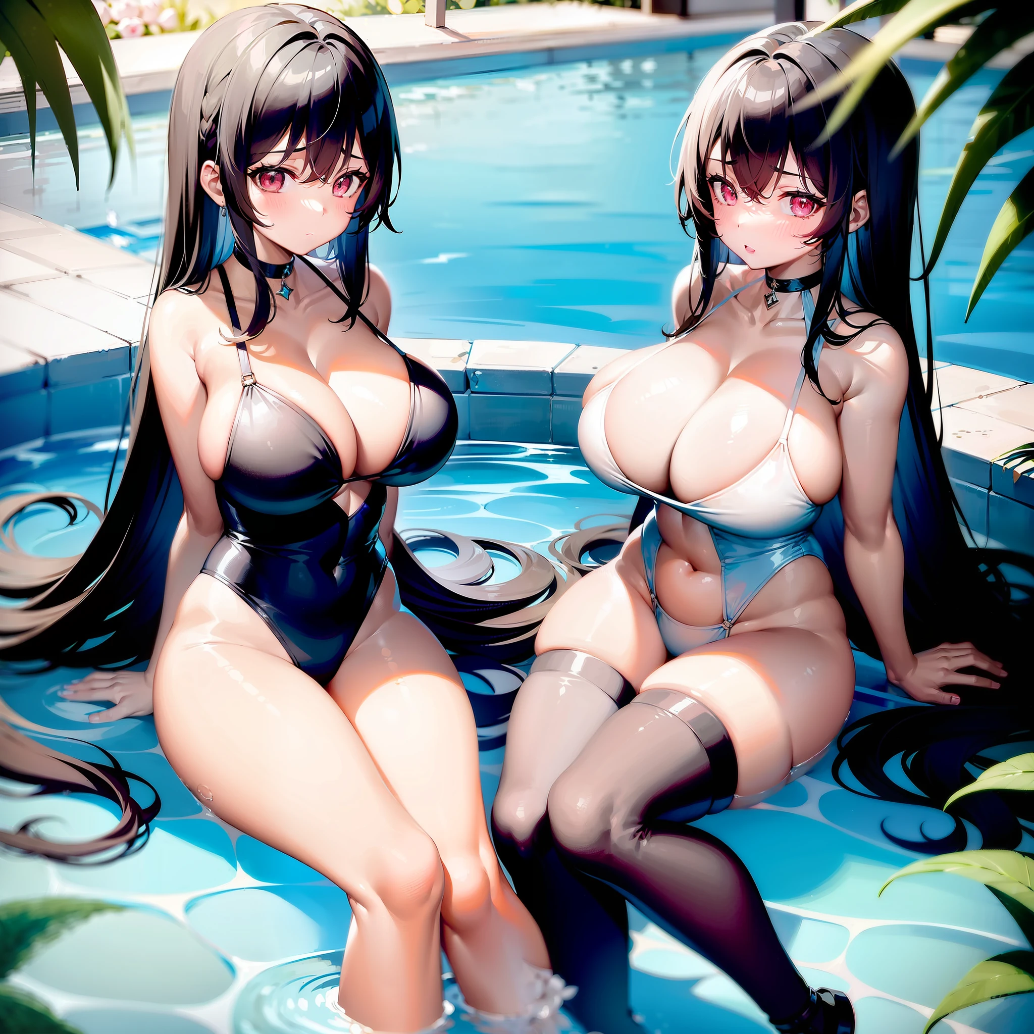 2girls，独奏，In the pool，Lie down on water，cabelos preto e longos，Rose hair cards，Black competitive swimsuit，black lence stockings，Lori huge breasts cleavage，Full thighs，Childlike big breasts，Pink eyes，A coquettish expression