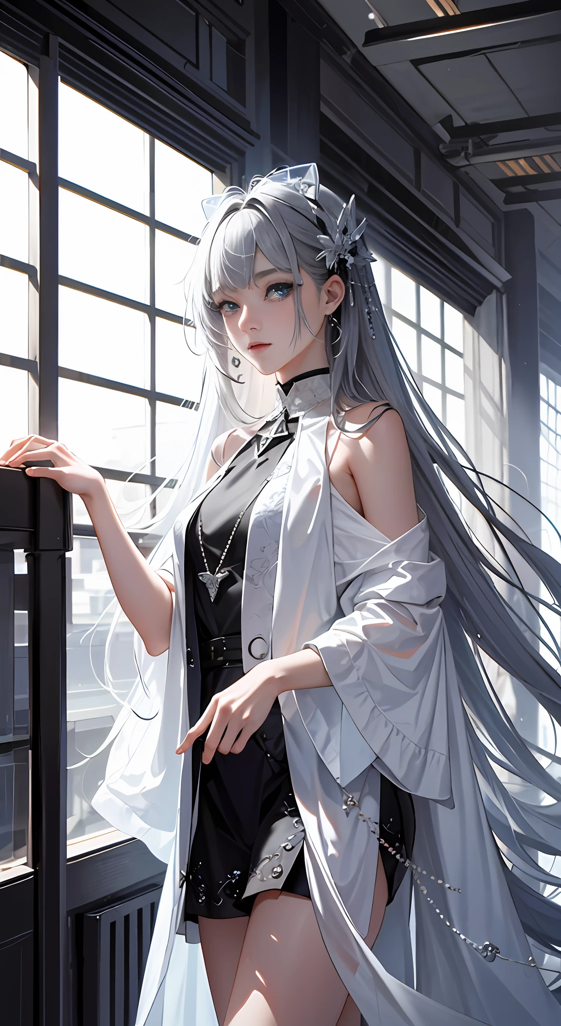 extremaly detailed cg，A high resolution，best qualtiy，tmasterpiece，（a beauty girl：1.3），（GameCG），hutaodef，>_，Gray tunic，long whitr hair，Modern fashion