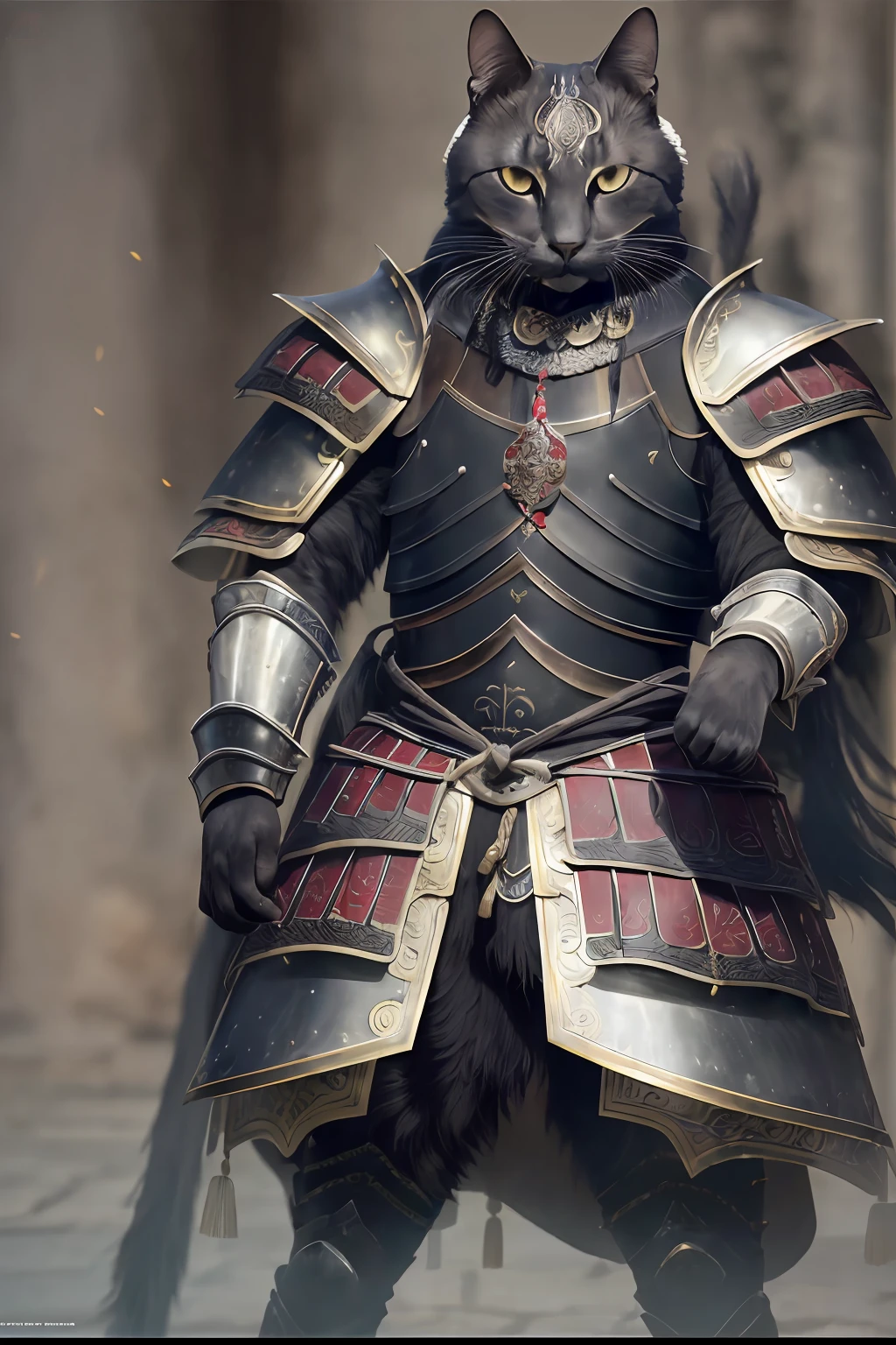 (Best quality, masterpiece,RAW photo:1.2),finely detailed,(Realistic, photorealistic:1.2),1 black cat in warrior armor,Chinese Tang Dynasty white gold armor,upper body,Shoulder armor, breastplate,looking at the viewer,outdoors,simple background,Studio lighting