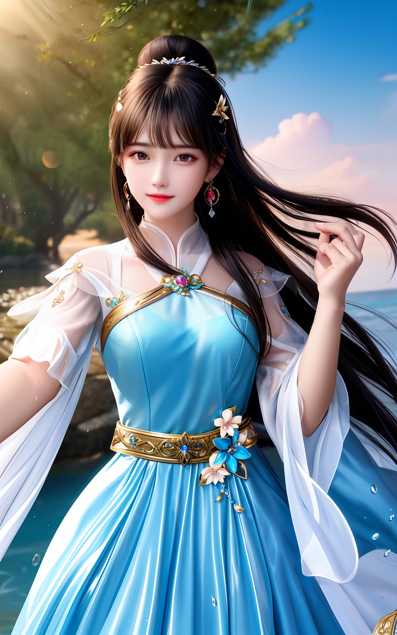 The best picture quality,Masterpiece level,超高分辨率,CG effect,
1个Giant Breast Girl,handheldweapons,The sword,Long slender hair,Dressed in elegant dresses,Being in the water,Solo piece,The body is shining with jewels,Wearing a crisp white dress,Wear gorgeous earrings and hair accessories,Water splashes,The upper body presents a perfect bun shape,Beautiful brunette radiates shine,
The lighting effect is perfect,The colors are frank and vibrant,Photos are of high quality,Can reach 4K、Ultra-high resolution of 8K,The background bokeh effect is highlighted。