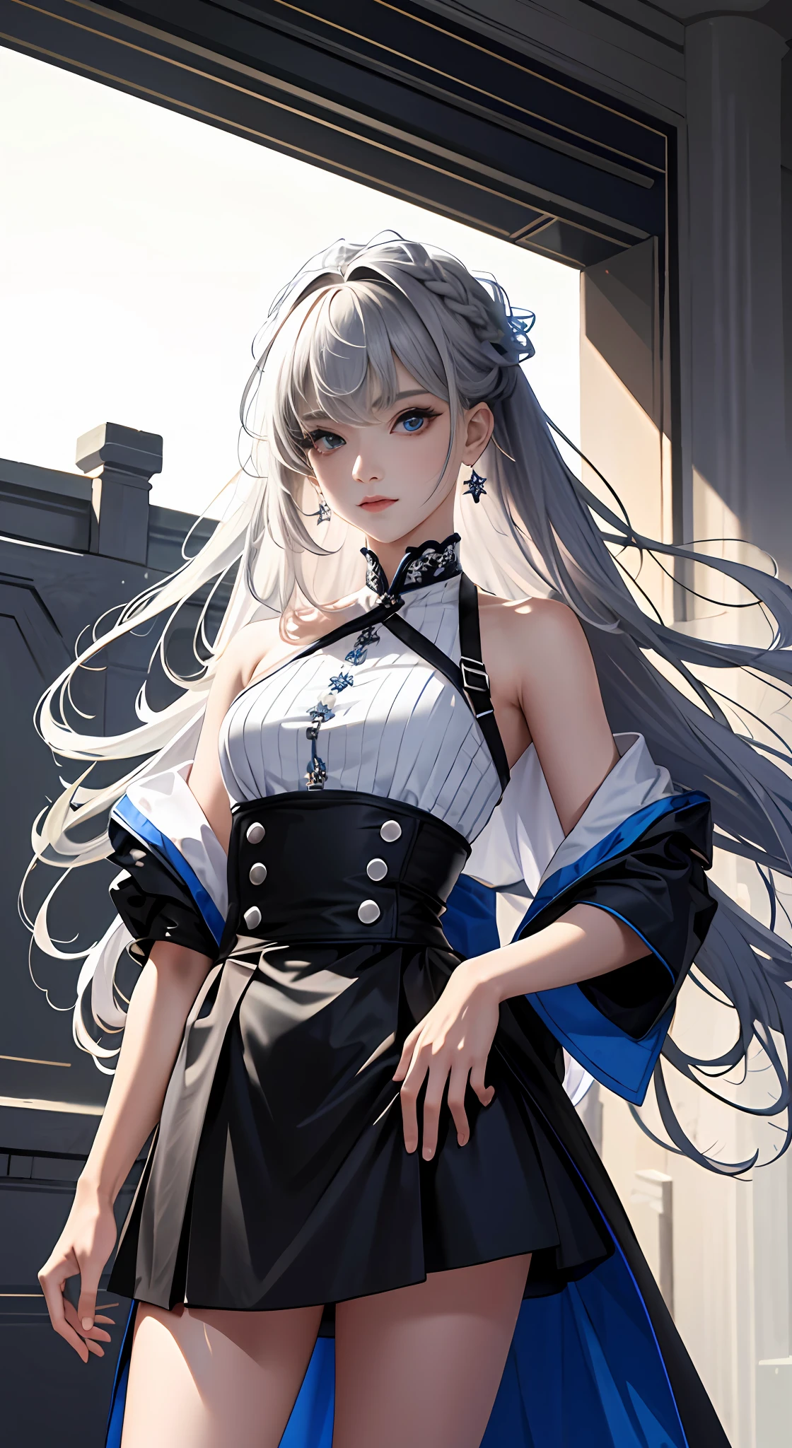 extremaly detailed cg，A high resolution，best qualtiy，tmasterpiece，（a beauty girl：1.3），（GameCG），hutaodef，>_，Gray tunic，long whitr hair，Modern fashion