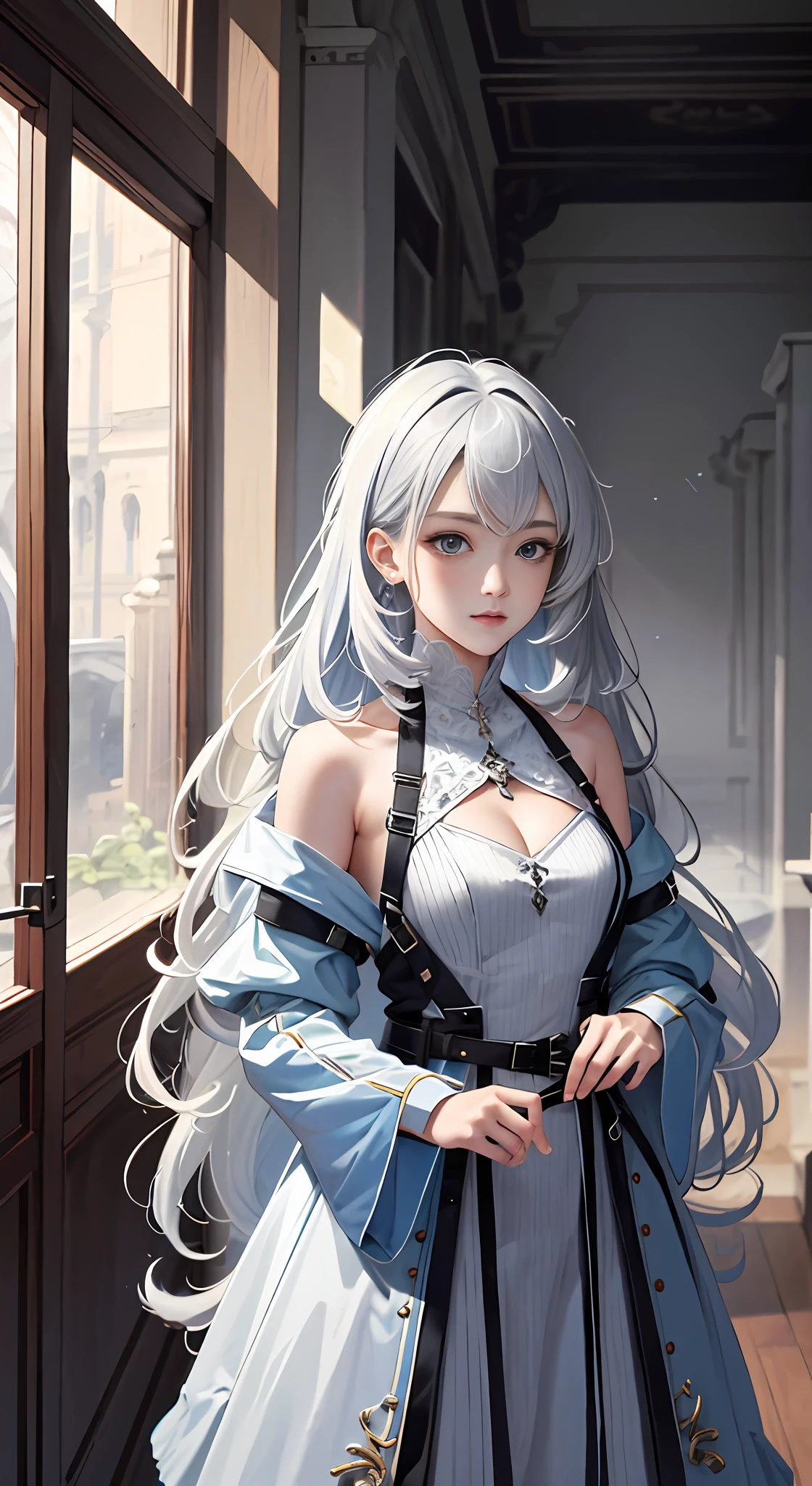 extremaly detailed cg，A high resolution，best qualtiy，tmasterpiece，（a beauty girl：1.3），（GameCG），hutaodef，>_，Gray tunic，long whitr hair，Modern fashion