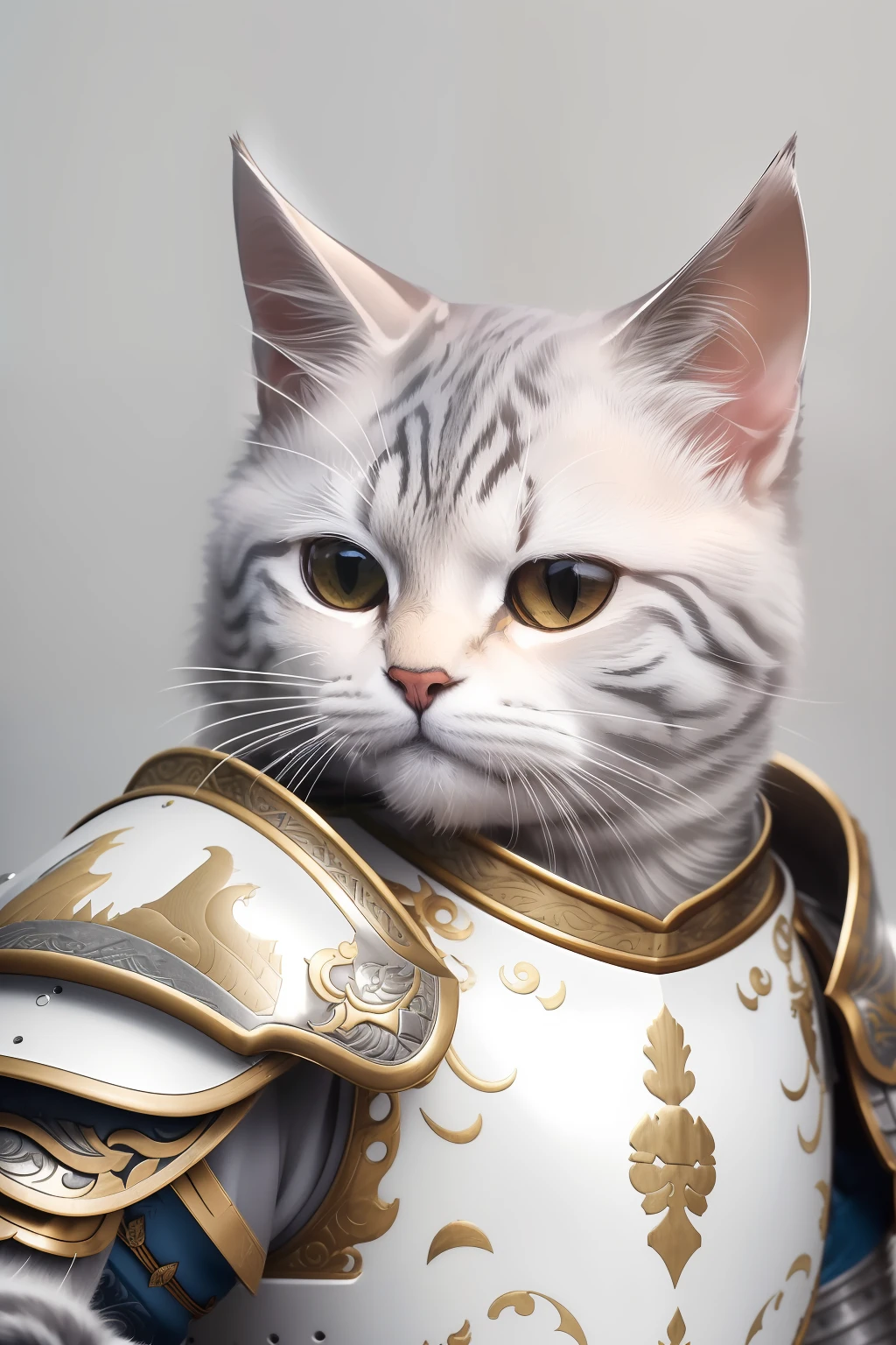 (Best quality, masterpiece,RAW photo:1.2),finely detailed,(Realistic, photorealistic:1.2),1 gray cat in warrior armor,Anthropomorphism,Chinese Tang Dynasty white gold armor,upper body,Shoulder armor, breastplate,looking at the viewer,outdoors,simple background,Studio lighting