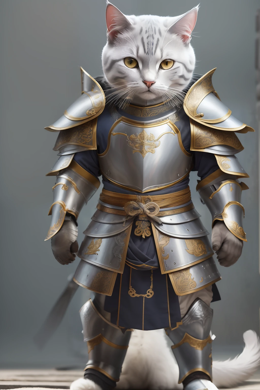 (Best quality, masterpiece,RAW photo:1.2),finely detailed,(Realistic, photorealistic:1.2),1 gray cat in warrior armor,Anthropomorphism,Chinese Tang Dynasty white gold armor,upper body,Shoulder armor, breastplate,looking at the viewer,outdoors,simple background,Studio lighting