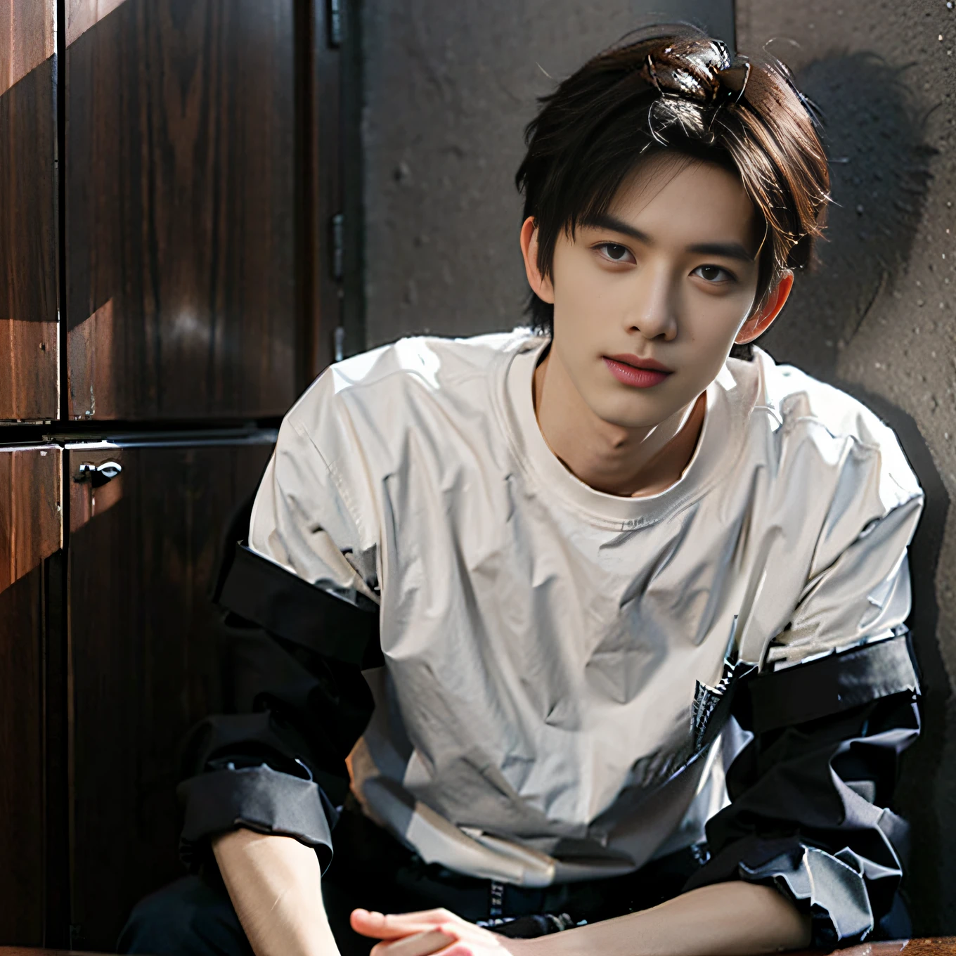 tmasterpiece,best qualtiy,A high resolution,超A high resolution,Realiy,realisticlying,Young men,Handsome face,natta,natural lightting,looking at viewert,exteriors,full bodyesbian,ssmile,Short white sleeves on the upper body,Black shorts on the lower body,white legwear,Black leather shoes