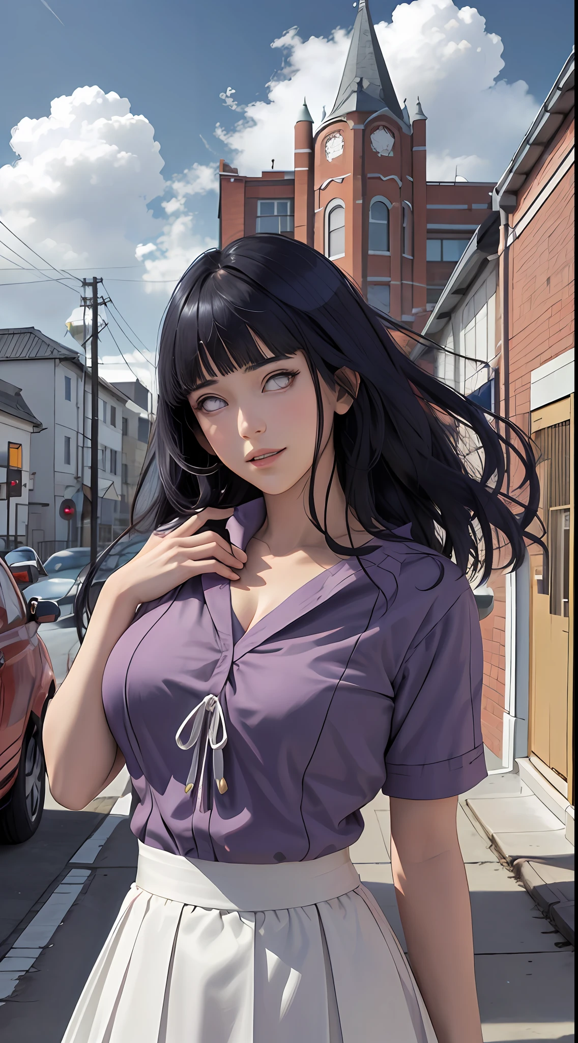 tmasterpiece, hyouka\(Boruto),Large breasts,cleavage, 1girll, 独奏, younger female, ((((High School Uniforms)))), (high-school), exteriors, looking at viewert, mostly cloudy sky, perfect compositions, detailed lips, School buildings,, beauitful face, Body support, Be red in the face, (redish pink lips), ((long whitr hair)), a purple eye, soft gaze, Sad smile, Super realistic, A detailed, shot, Realistic face and body, photo-realistic hair, photorealistic eye, realistic nose, realistic lips, (((dark-blue hair))),19 year old girl,Flowing skirt