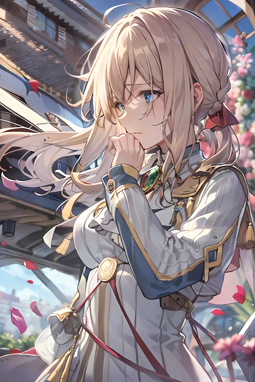 (Dynamic Angle: 1.3), Wind, Movie Highlight, Tyndall Effect, 1 Girl, Upper Body,  Look at the Audience, Extreme Close Up, violet_evergarden, Solo, Jewelry, Expressionless, Brooch, blonde_hair, ( Vevry Long Hair: 1.2), messy_hair, Floating hairlong_sleeves, Ribbon, blue_eyes, Jacket, Dress, Gemstone, hair_ ribbon, sky, depth_of_field, flower fields, fluttering petals, robotic arm