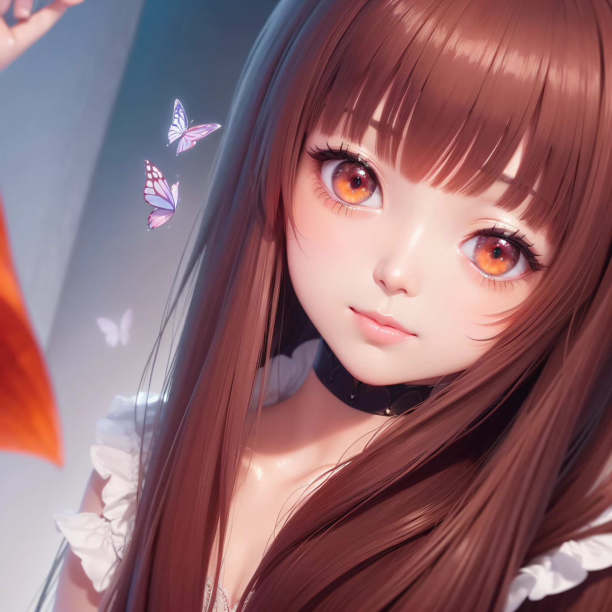 Close up of a smile with the corners of the mouth raised、close up of face、round and clear eyes、Shining eyes、Beautiful 30 year old woman、Slim Faces、dreamlikeart、Highly detailed airbrush art、intricate detailes、Volumetric lighting、(top-quality)、(The ultra-detailliert)、Highly detailed colorful details、(Irridescent color:1.2)、(Bright lighting)、Magical、dynamic compositions、Ray traching、The mirror reflects light、Shallow depth of field、ultra-detailliert、mixing exposure、nffsw、Super masterpiece、vivd colour、colourfull、One woman's face、Rich colors、exquisitedetails、 (butterflys,Exquisite butterflies,Ultra CG), (High resolution:1.5)、(Glowing dark red eyes、Eye Gloss)、(Red cheeks、Red cheeks)(Open lips、dark red lips、lipgloss)、(bangss、shiny red-brown hair)、The beach is covered with colorful and transparent smooth stones:1.5、Orange in the sky、pink there、Absolutely enchanting sunset on the beach mixed with yellow。The water is crystal clear、White sand beach stretches out as far as the eye can see。It's a dynamic and breathtaking scene。Enjoy the calm atmosphere、
