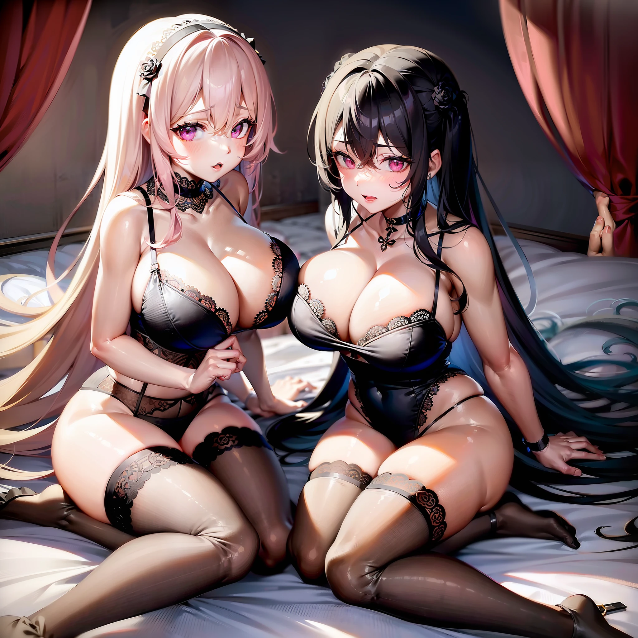 2girls,独奏,in a bedroom,Lie down in bed,cabelos preto e longos,Rose hair cards,black lace cleavage underwear,black lence stockings,Lori huge breasts cleavage,Full thighs,Childlike big breasts,Pink eyes,A coquettish expression