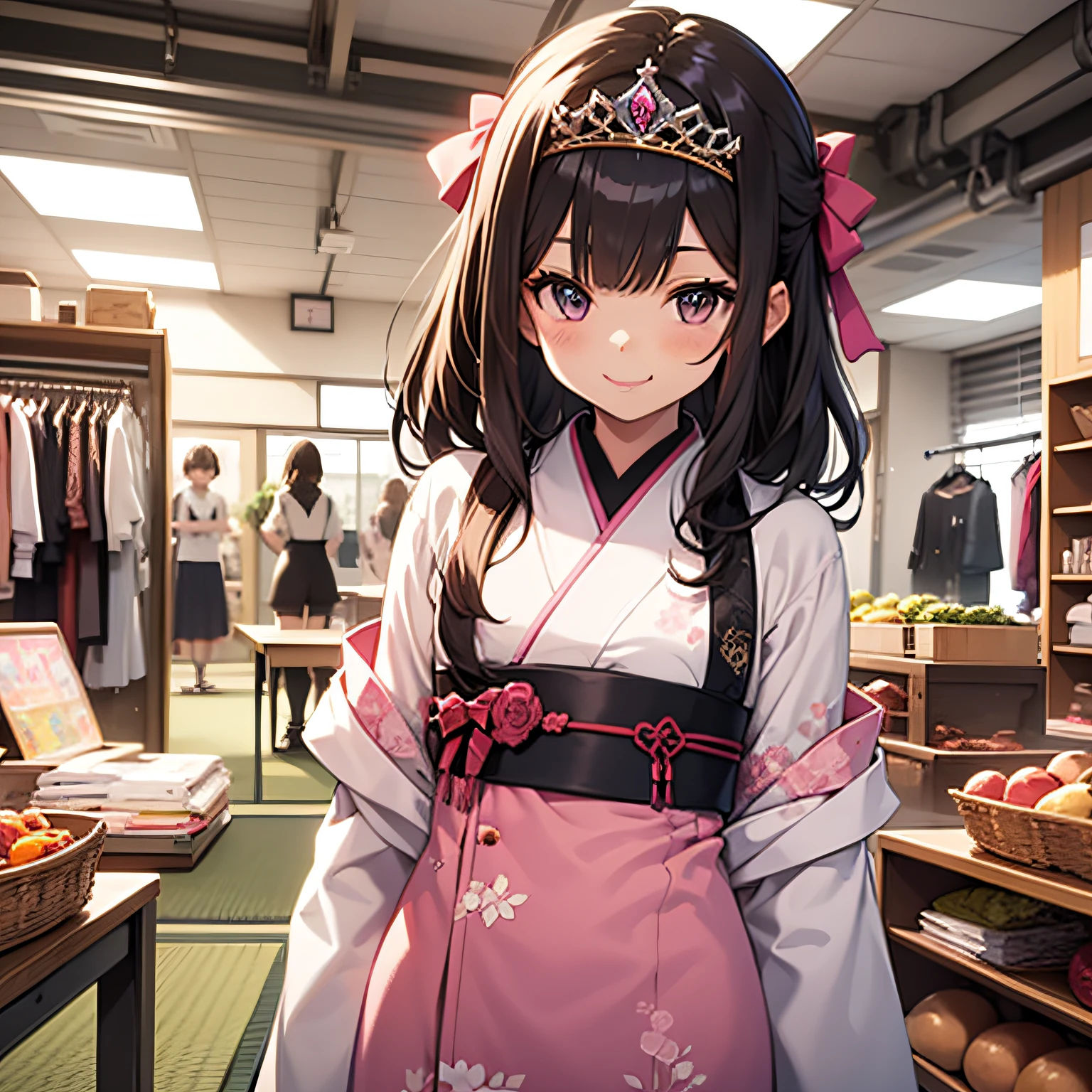 top-quality、extremely delicate and beautiful、Soio、8-year-old little girl、japanes、elementary student、A dark-haired、(Pink vale otard)、dress room、Tiara on the head、A smile